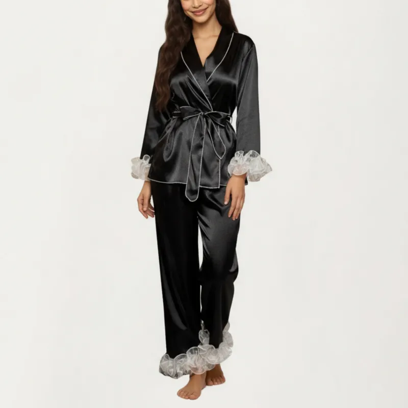 Anna-Kaci Women's 2-Piece Set Satin Wrap Top with Sheer Ruffle Trim and Matching Straight-Leg Pants sold by Anna-Kaci