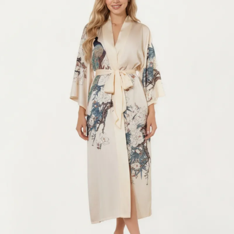 Anna-Kaci Women's Long Satin Kimono Robe with Tie Waist and Artistic Floral Print sold by Anna-Kaci