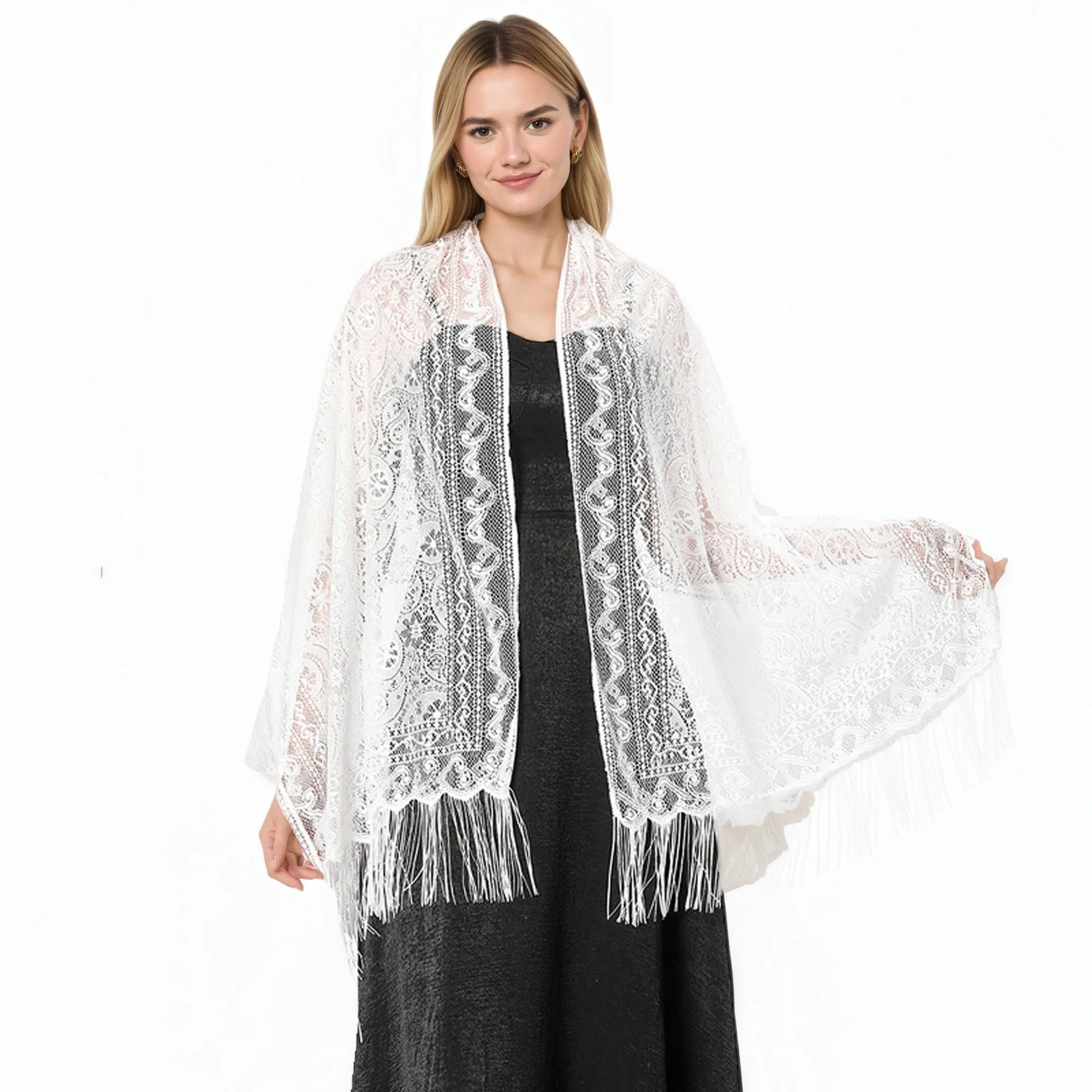 Anna-Kaci Women's Sheer Lace Kimono Shrug with Floral Pattern and Elbow-Length Sleeves sold by Anna-Kaci product image thumbnail 3