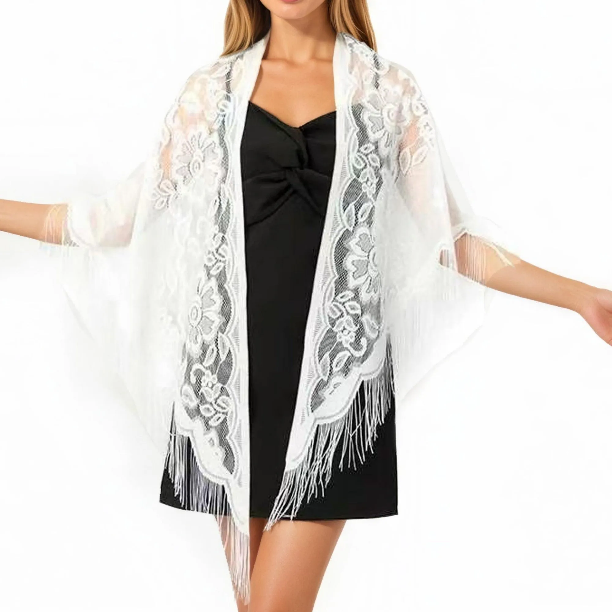 Anna-Kaci Women's Sheer Lace Kimono Shawl with Floral Embroidery and Fringe Hem sold by Anna-Kaci
