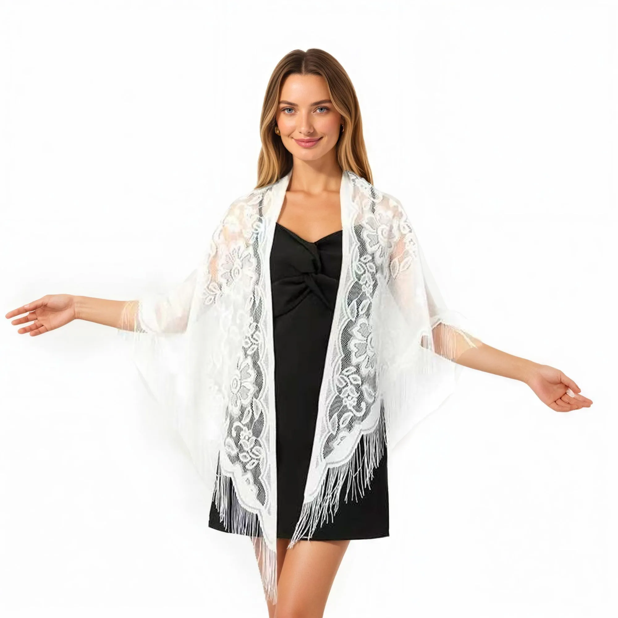 Anna-Kaci Women's Sheer Lace Kimono Shawl with Floral Embroidery and Fringe Hem sold by Anna-Kaci product image thumbnail 2