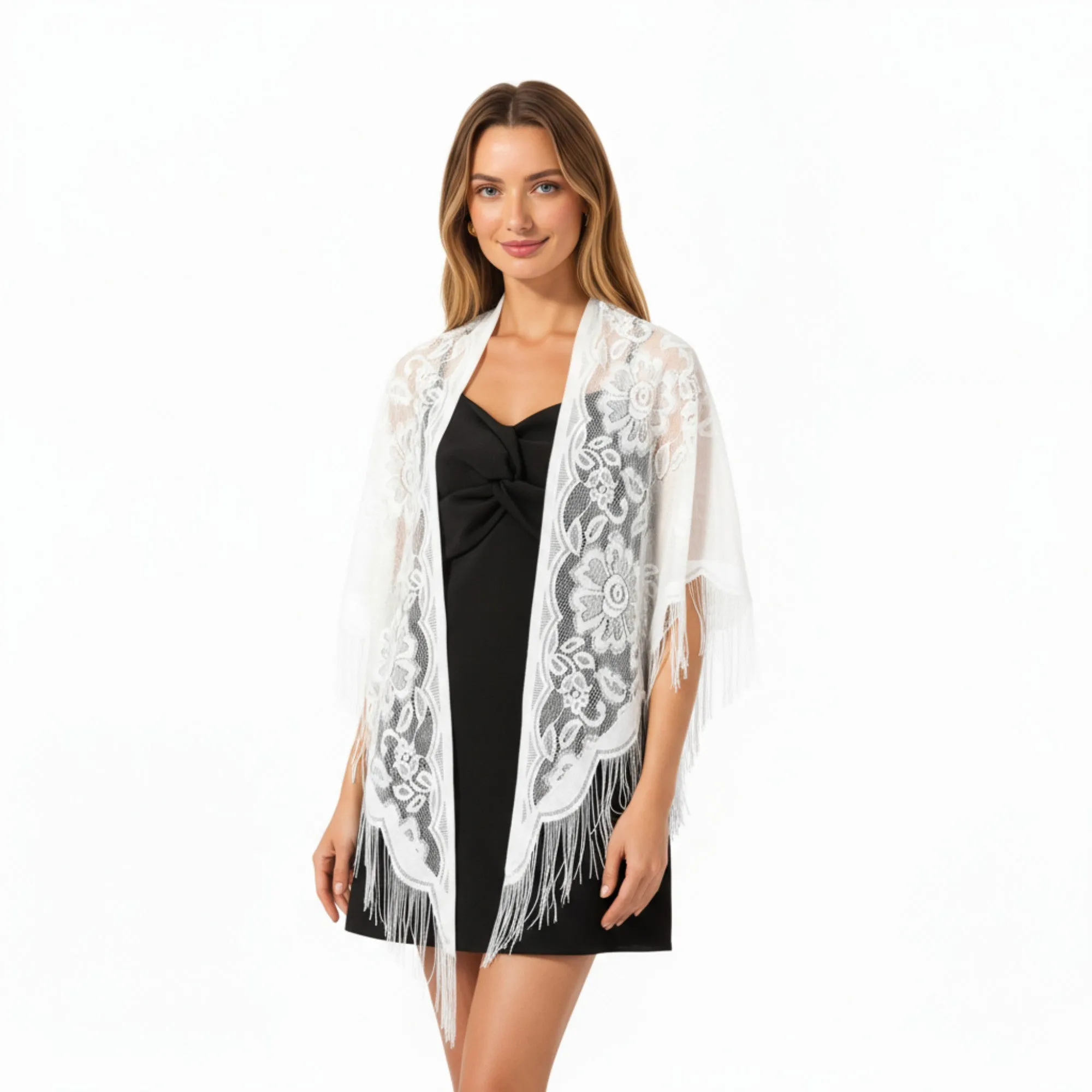 Anna-Kaci Women's Sheer Lace Kimono Shawl with Floral Embroidery and Fringe Hem sold by Anna-Kaci product image thumbnail 3