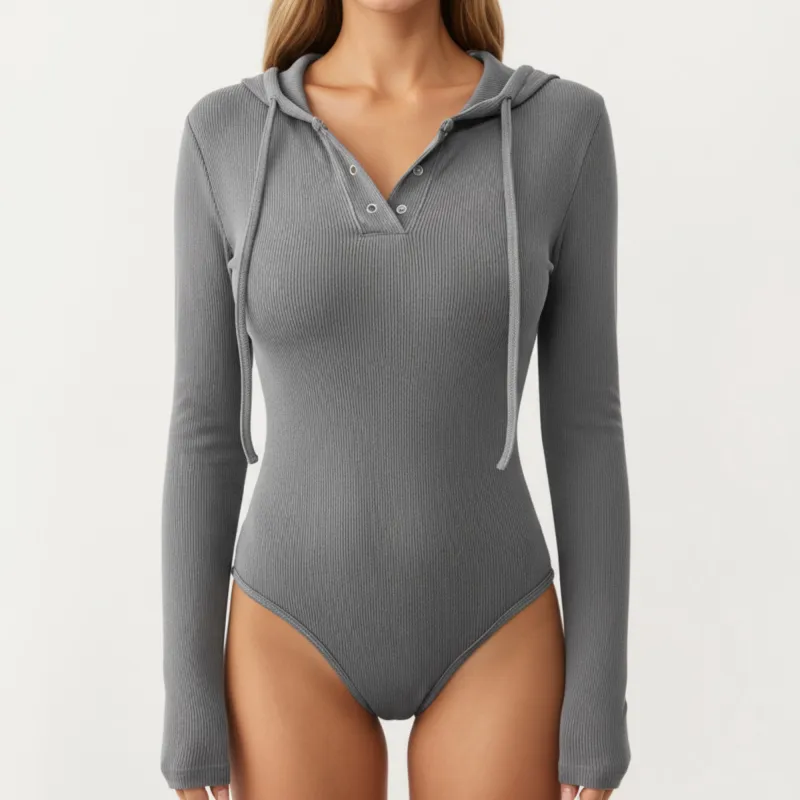 Anna-Kaci Women's Long Sleeve Ribbed Knit Bodysuit with Hoodie and Button Front Detail sold by Anna-Kaci