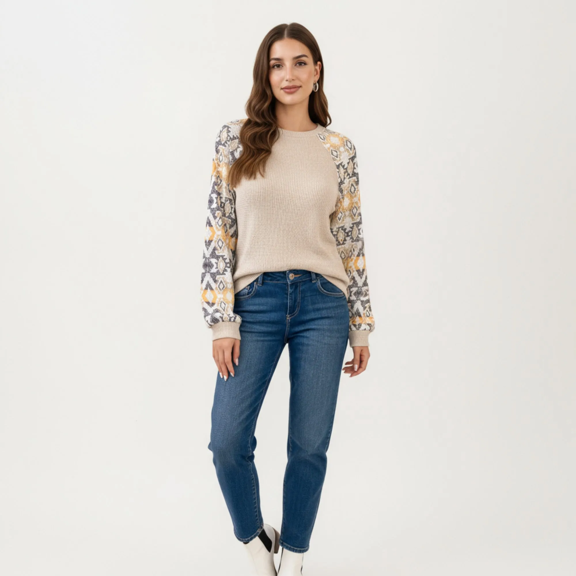 Anna-Kaci Women's Textured Knit Pullover Sweater with Geometric Pattern Long Sleeves and Ribbed Cuffs sold by Anna-Kaci product image thumbnail 3