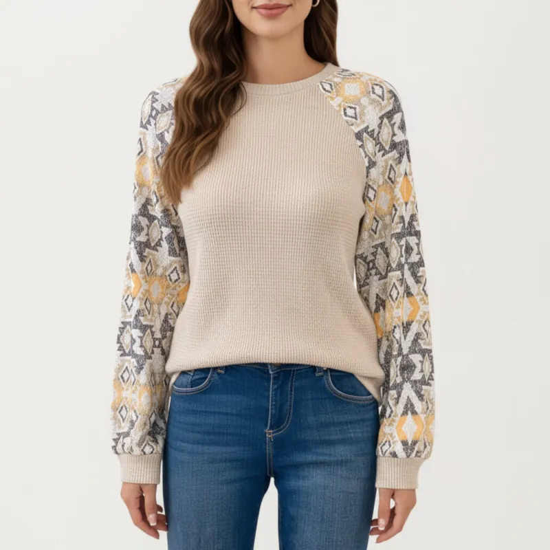 Anna-Kaci Women's Textured Knit Pullover Sweater with Geometric Pattern Long Sleeves and Ribbed Cuffs sold by Anna-Kaci