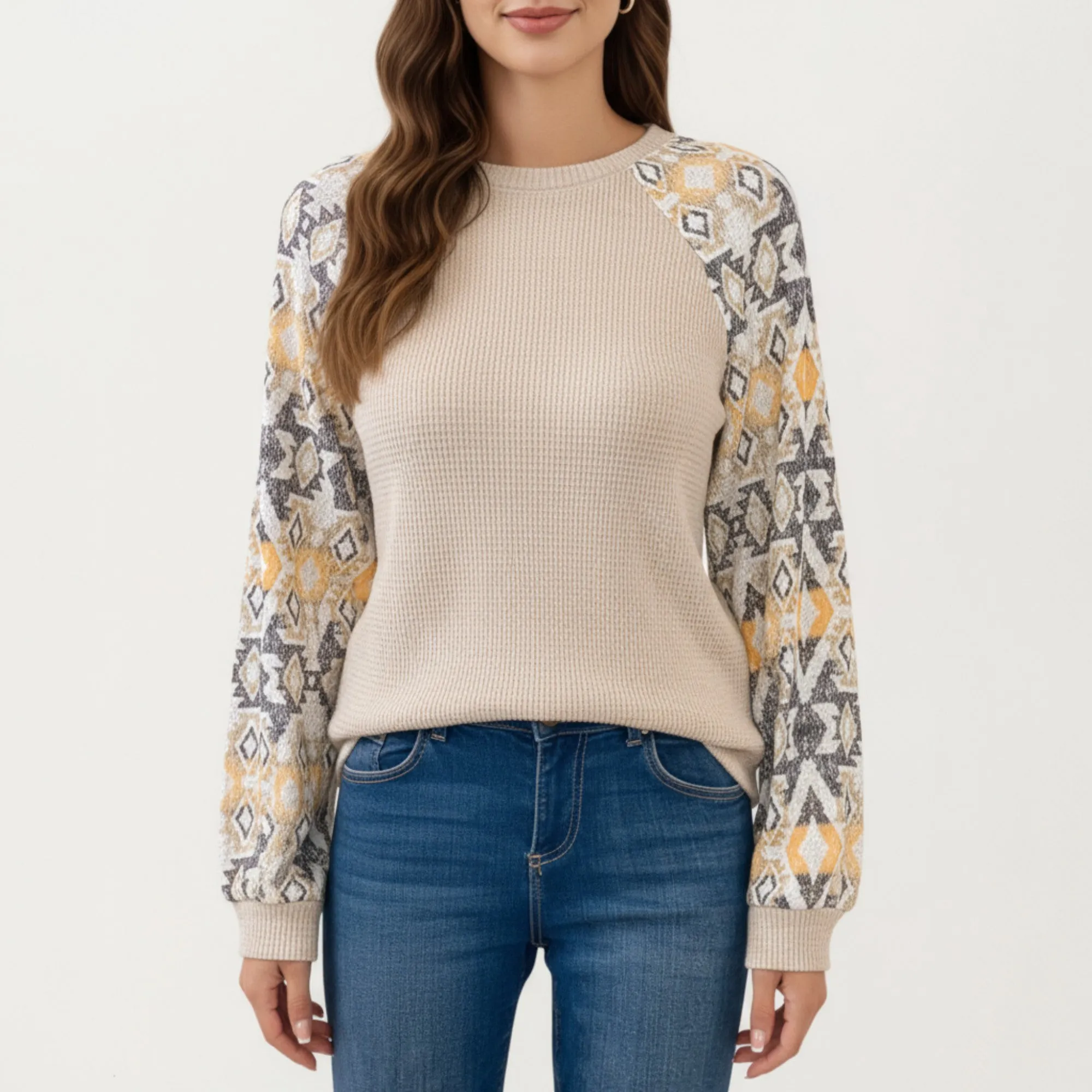 Anna-Kaci Women's Textured Knit Pullover Sweater with Geometric Pattern Long Sleeves and Ribbed Cuffs sold by Anna-Kaci