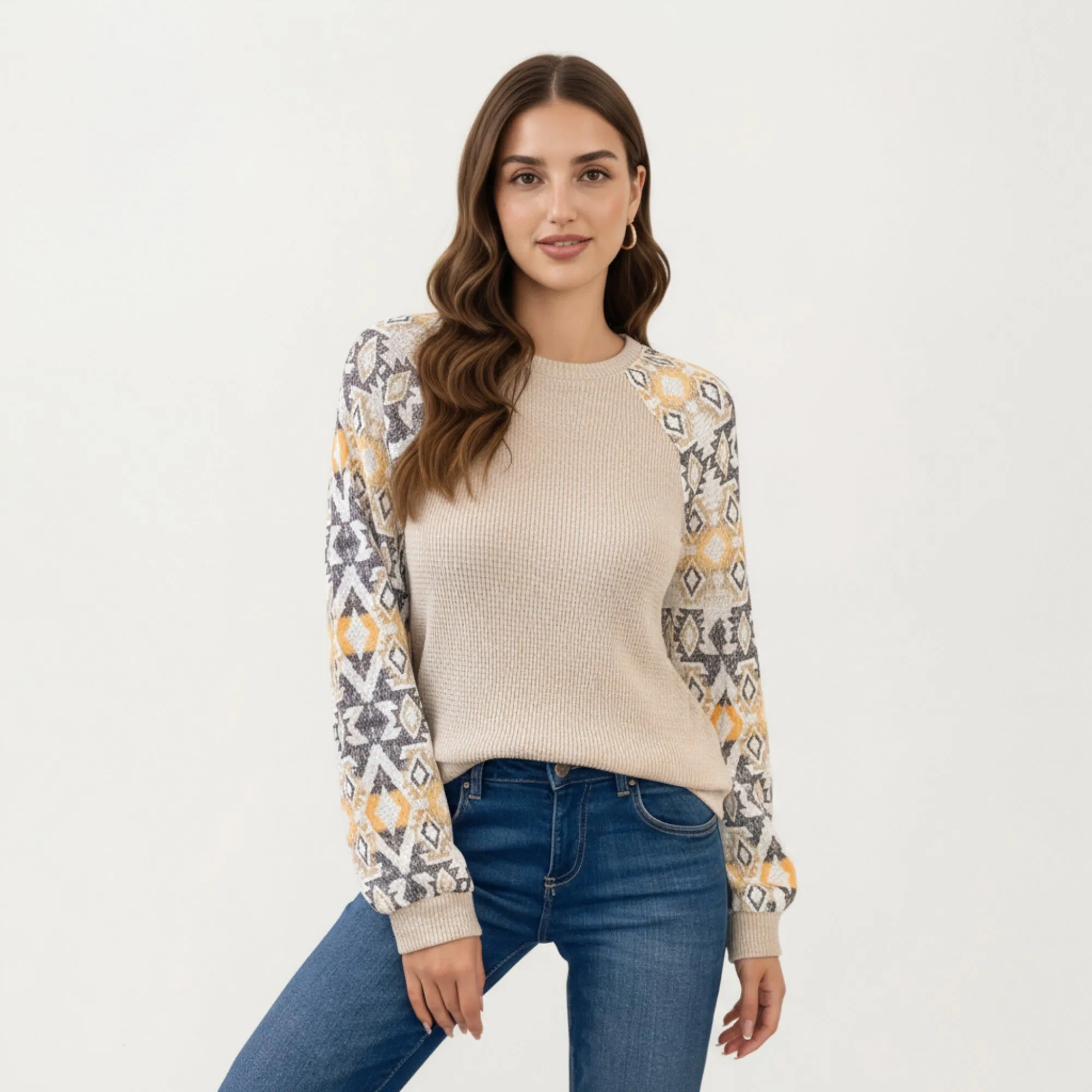 Anna-Kaci Women's Textured Knit Pullover Sweater with Geometric Pattern Long Sleeves and Ribbed Cuffs sold by Anna-Kaci product image thumbnail 2