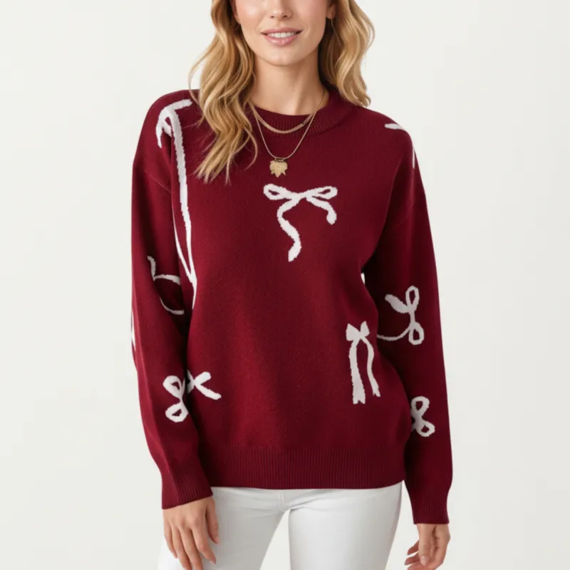 Anna-Kaci Women's Long Sleeve Pullover Sweater with Bow Pattern Design and Ribbed Trim sold by Anna-Kaci
