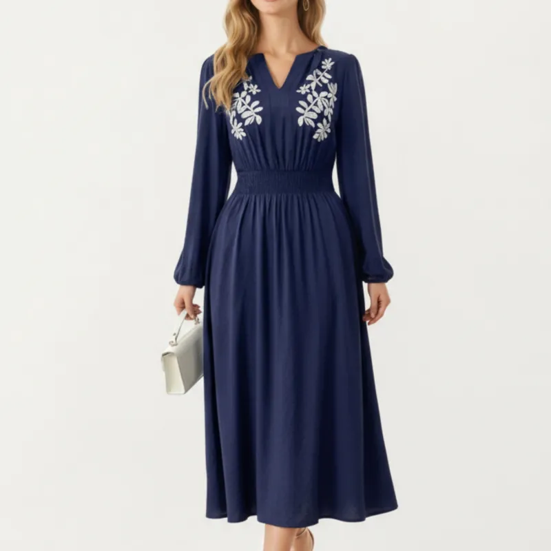 Anna-Kaci Women's Long Sleeve Embroidered Midi Dress with Smocked Waist and Flowing Skirt sold by Anna-Kaci