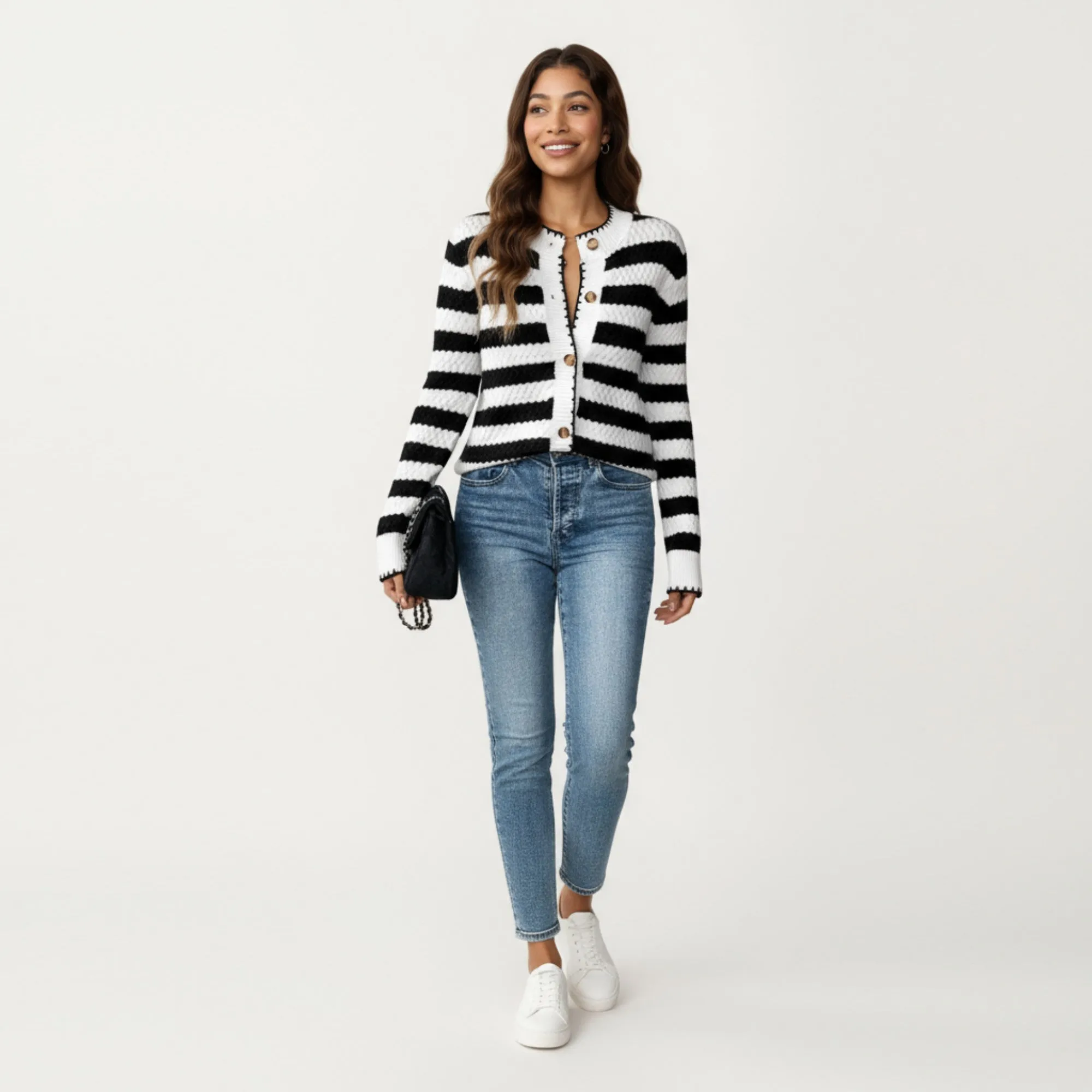 Anna-Kaci Women's Striped Button-Front Knit Cardigan with Contrast Edging and Long Sleeves sold by Anna-Kaci product image thumbnail 3