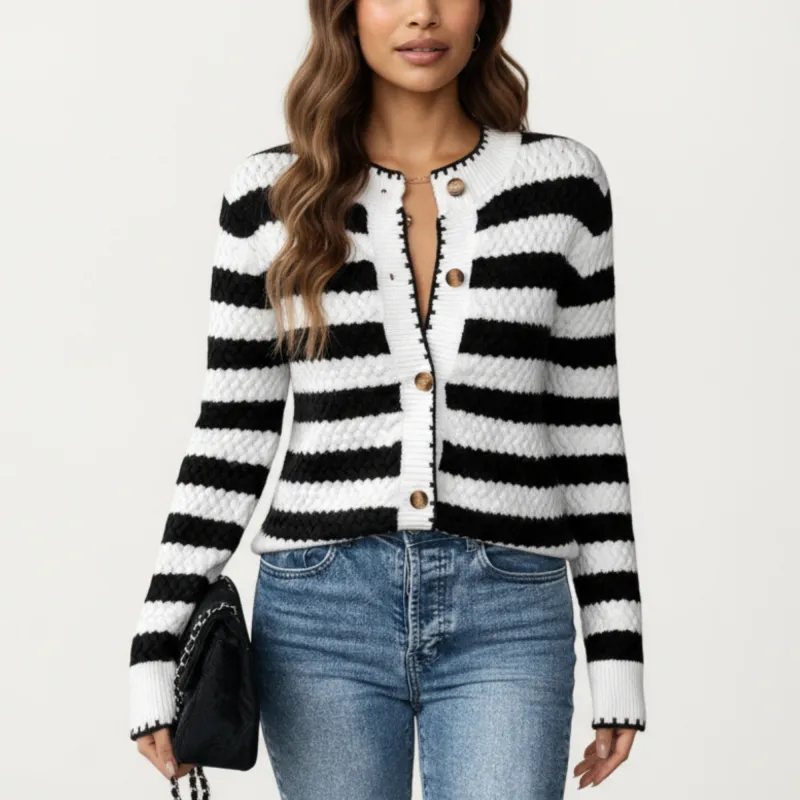 Anna-Kaci Women's Striped Button-Front Knit Cardigan with Contrast Edging and Long Sleeves sold by Anna-Kaci