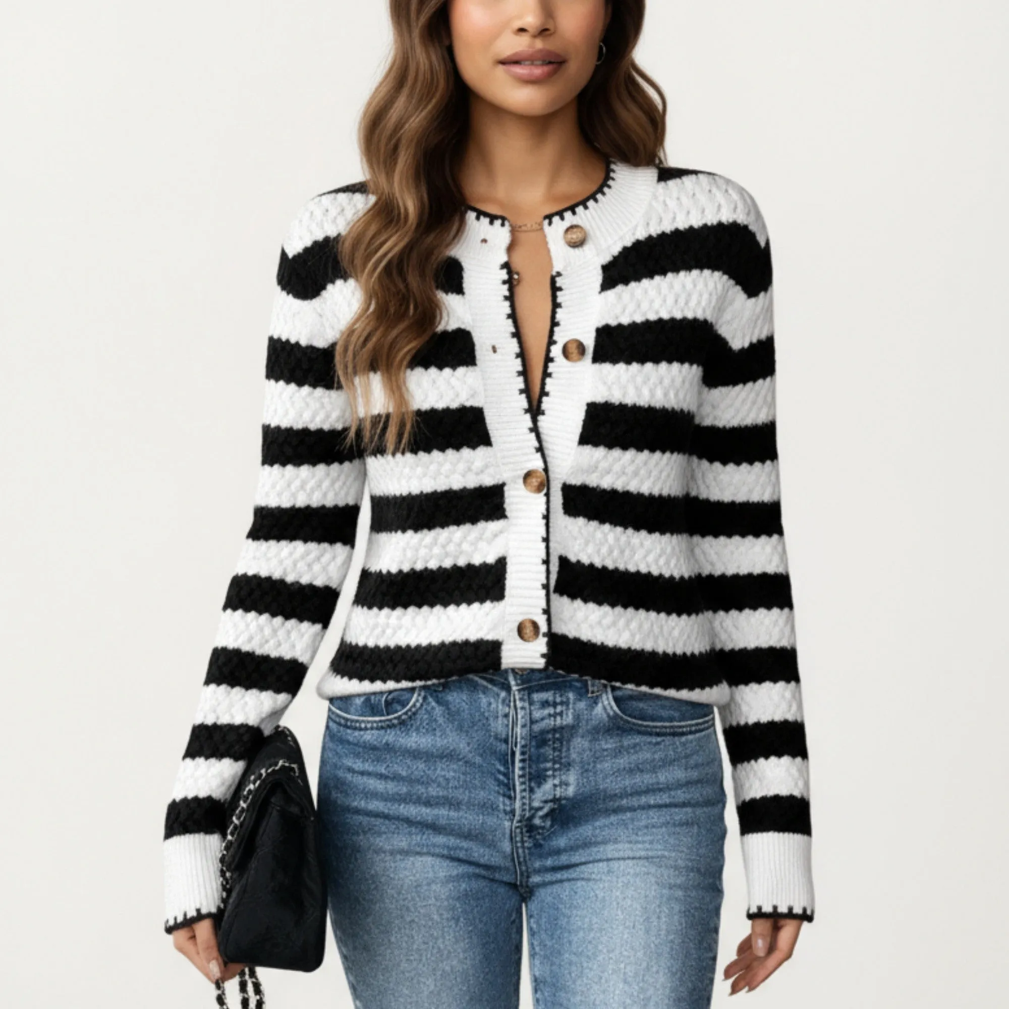 Anna-Kaci Women's Striped Button-Front Knit Cardigan with Contrast Edging and Long Sleeves sold by Anna-Kaci