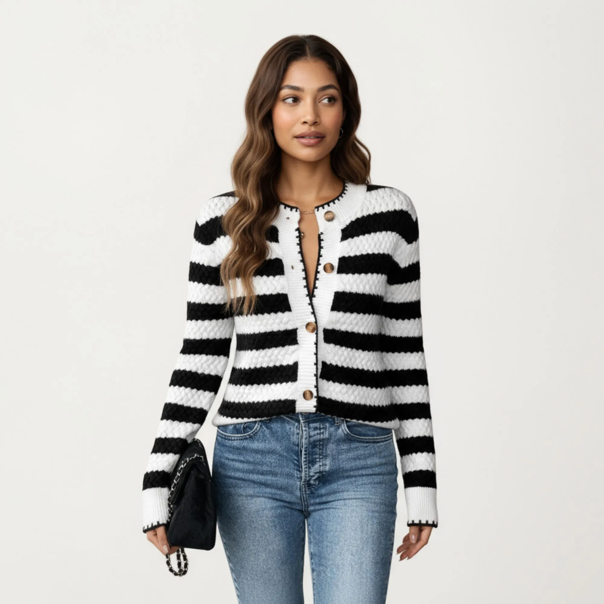 Anna-Kaci Women's Striped Button-Front Knit Cardigan with Contrast Edging and Long Sleeves sold by Anna-Kaci product image thumbnail 2