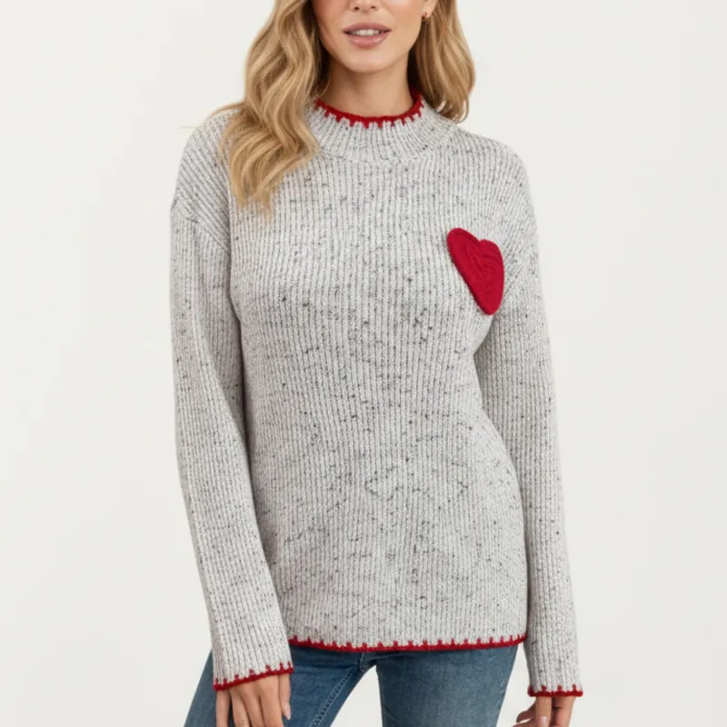 Anna-Kaci Women's Rib Knit Sweater with Contrast Red Heart Patch and Trim Detailing sold by Anna-Kaci