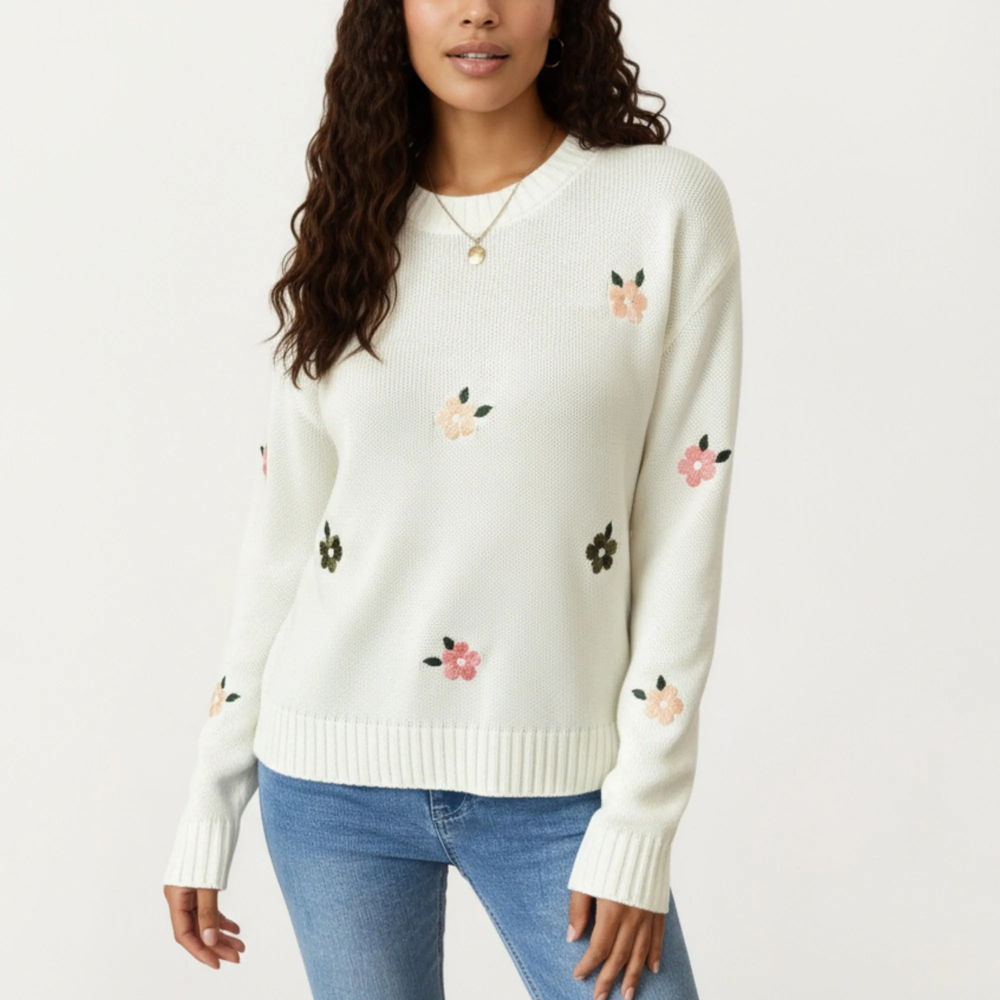 Anna-Kaci Women's Long Sleeve Knit Sweater with Embroidered Floral Pattern and Ribbed Trim sold by Anna-Kaci