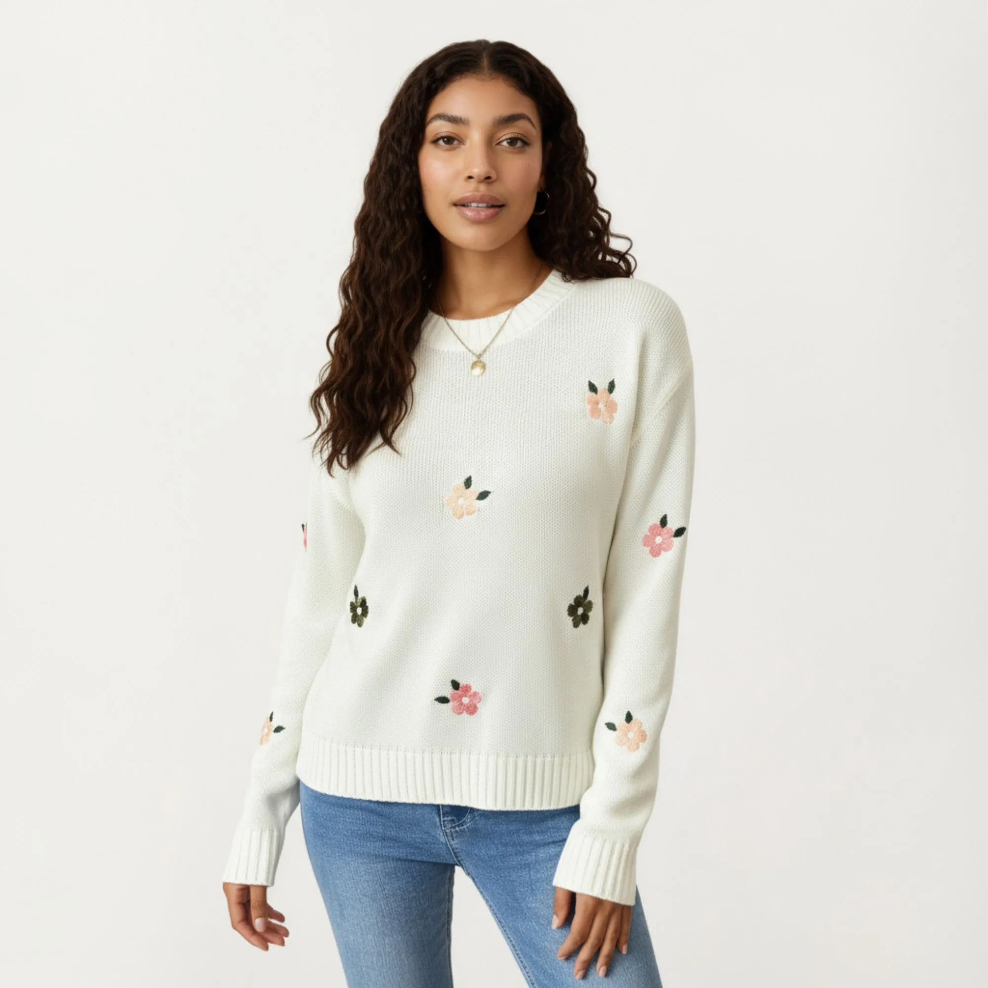 Anna-Kaci Women's Long Sleeve Knit Sweater with Embroidered Floral Pattern and Ribbed Trim sold by Anna-Kaci product image thumbnail 2