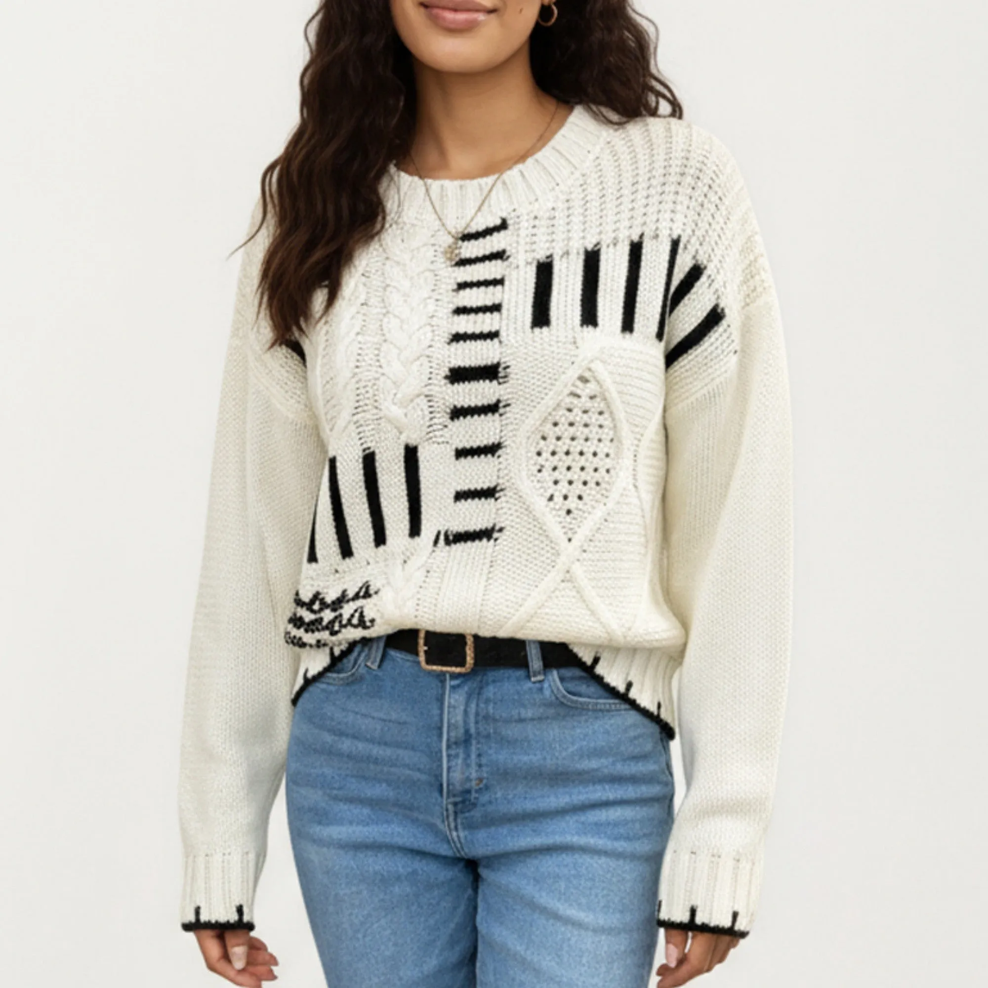 Anna-Kaci Women's Textured Patchwork Cable Knit Sweater with Long Sleeves and Contrast Stitching sold by Anna-Kaci