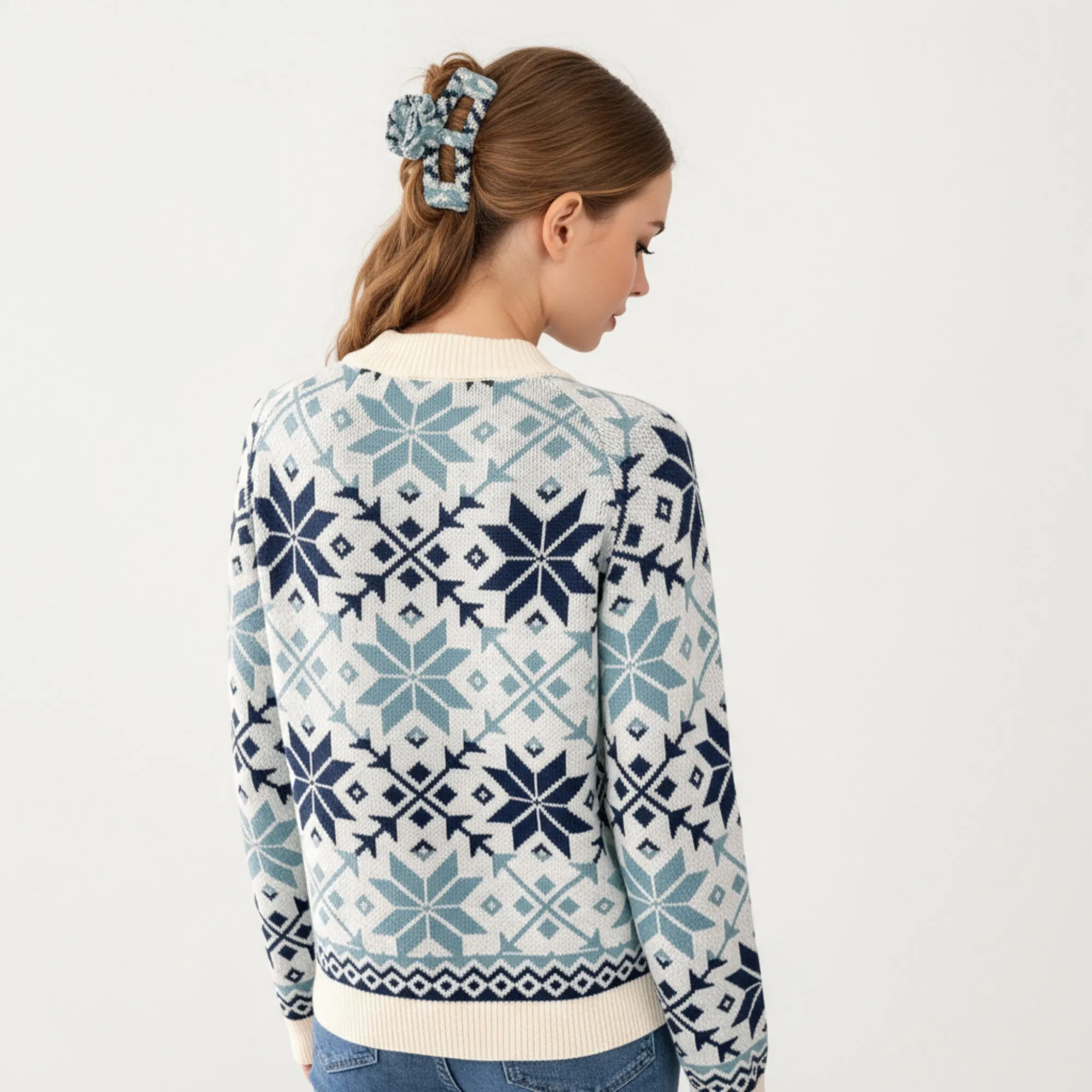 Anna-Kaci Women's Snowflake Pattern Knit Sweater with Ribbed Crew Neck and Long Sleeves sold by Anna-Kaci product image thumbnail 4