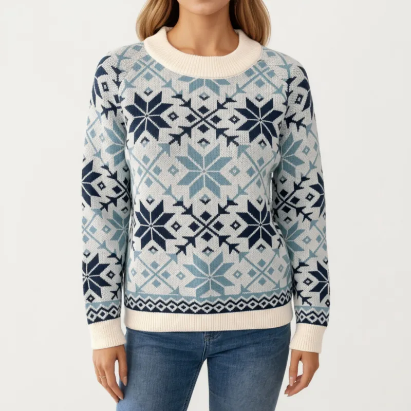 Anna-Kaci Women's Snowflake Pattern Knit Sweater with Ribbed Crew Neck and Long Sleeves sold by Anna-Kaci