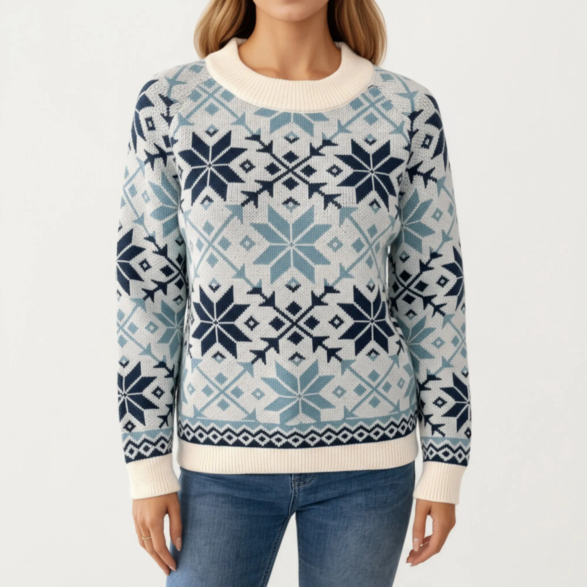 Anna-Kaci Women's Snowflake Pattern Knit Sweater with Ribbed Crew Neck and Long Sleeves sold by Anna-Kaci