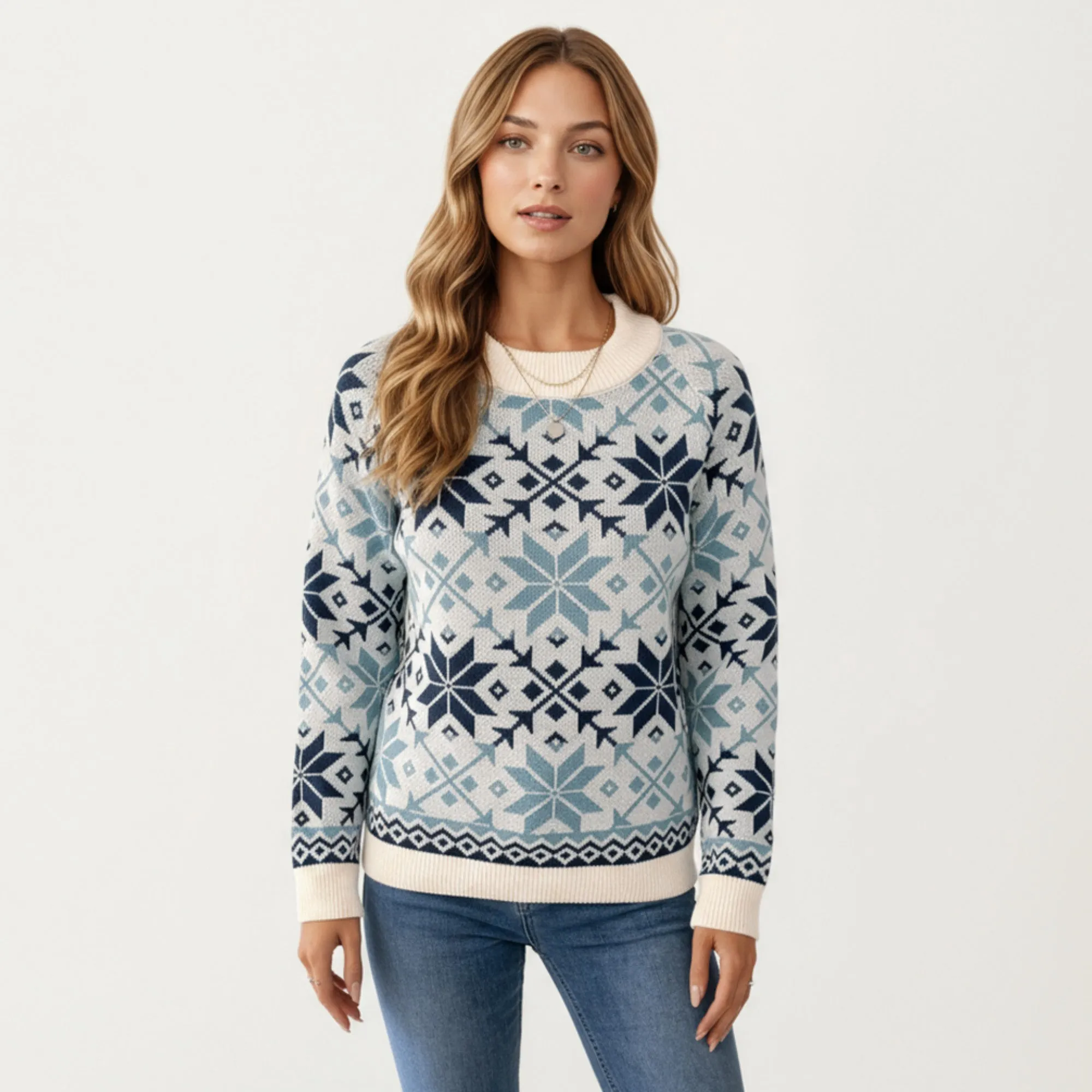 Anna-Kaci Women's Snowflake Pattern Knit Sweater with Ribbed Crew Neck and Long Sleeves sold by Anna-Kaci product image thumbnail 2