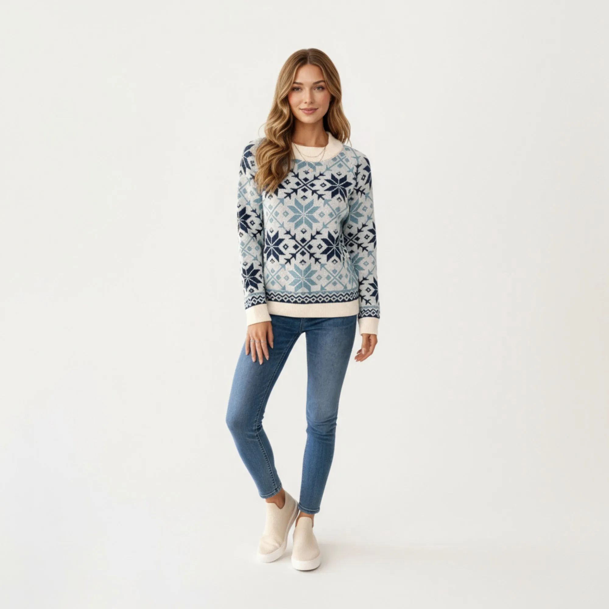 Anna-Kaci Women's Snowflake Pattern Knit Sweater with Ribbed Crew Neck and Long Sleeves sold by Anna-Kaci product image thumbnail 3