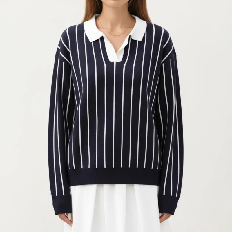 Anna-Kaci Women's Striped Collared Knit Pullover with Long Sleeves and Split Neckline sold by Anna-Kaci