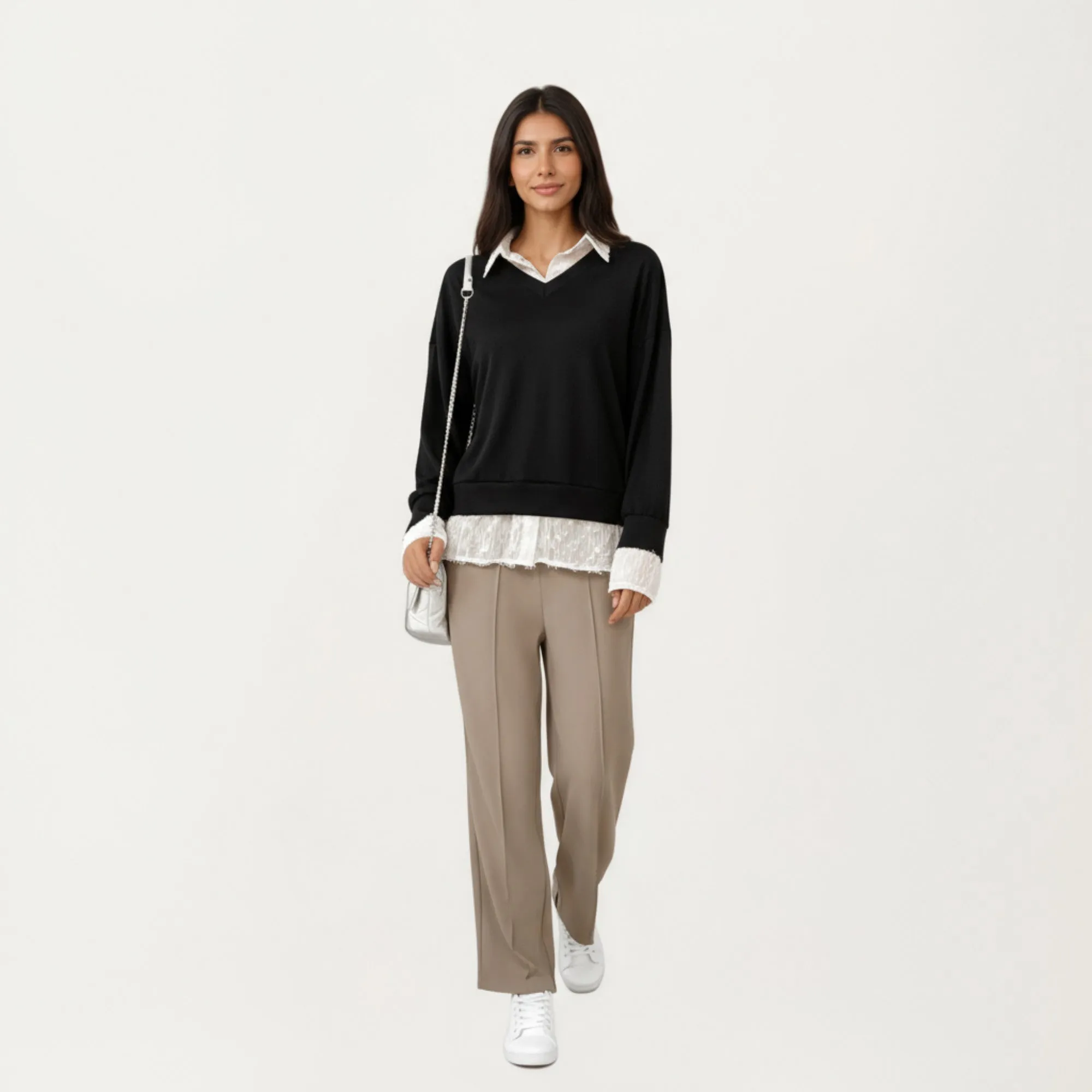 Anna-Kaci Women's Layered V-Neck Pullover Top with Sheer Lace Trim and Collared Blouse Detail sold by Anna-Kaci product image thumbnail 3