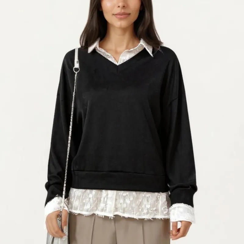 Anna-Kaci Women's Layered V-Neck Pullover Top with Sheer Lace Trim and Collared Blouse Detail made by Anna-Kaci