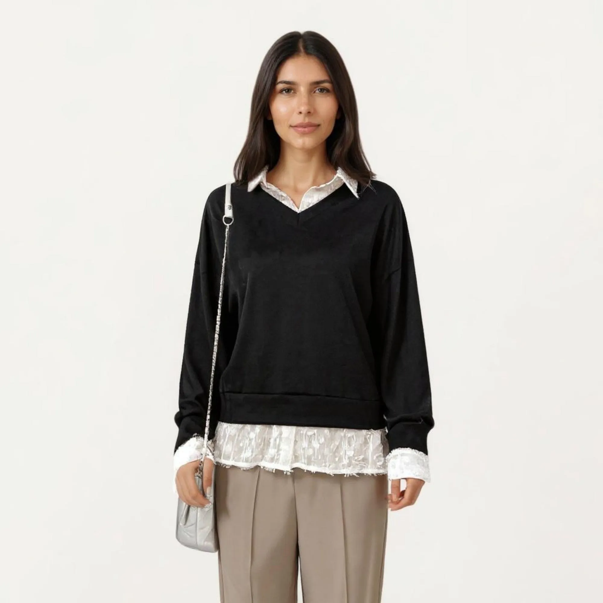 Anna-Kaci Women's Layered V-Neck Pullover Top with Sheer Lace Trim and Collared Blouse Detail sold by Anna-Kaci product image thumbnail 2
