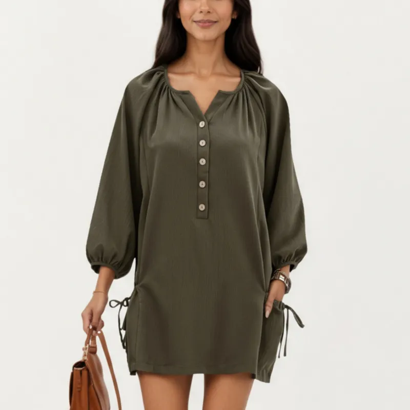 Anna-Kaci Women's Long Sleeve Button Front Tunic Dress with Adjustable Side Ties and Relaxed Fit sold by Anna-Kaci
