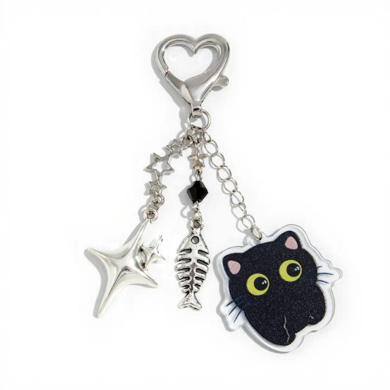 Anna-Kaci Black Cat Keychain with Heart Clasp and Silver Charms sold by Anna-Kaci