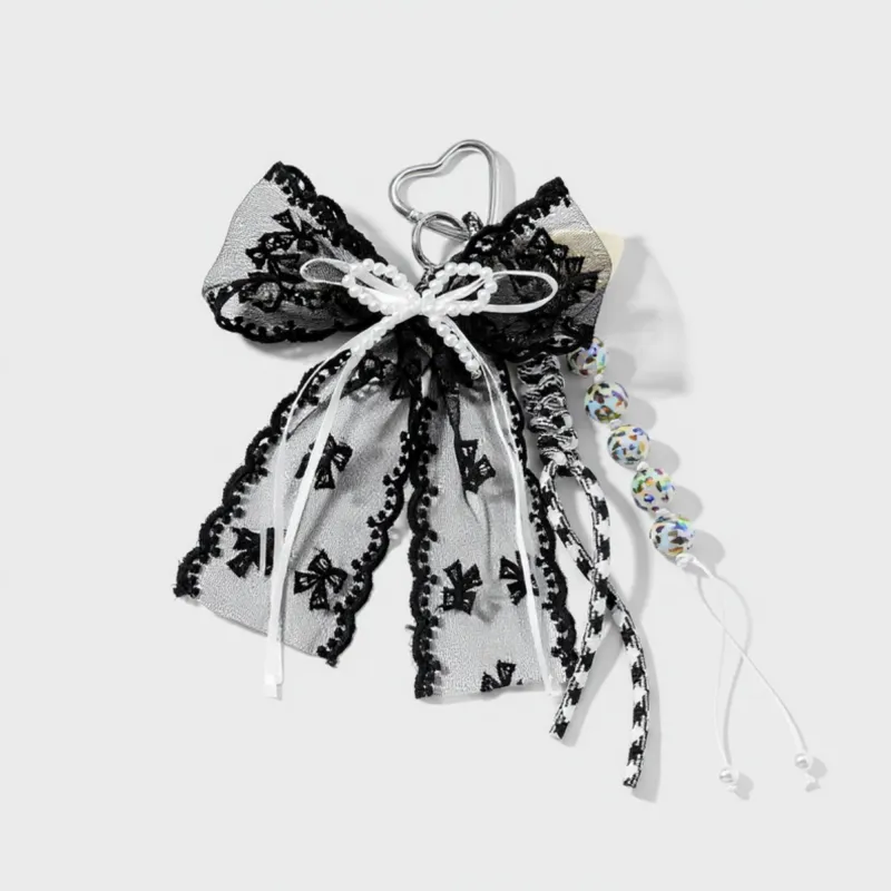 Anna-Kaci Black Lace Bow Keychain with Heart Clasp and Beaded Ribbon Details sold by Anna-Kaci