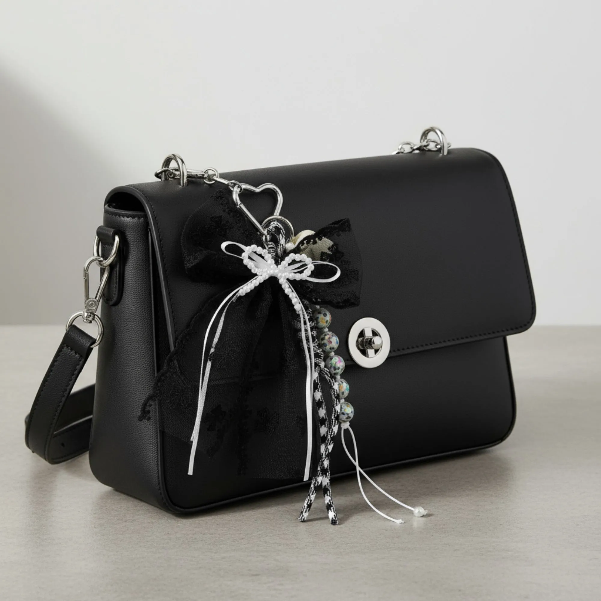 Anna-Kaci Black Lace Bow Keychain with Heart Clasp and Beaded Ribbon Details sold by Anna-Kaci product image thumbnail 3