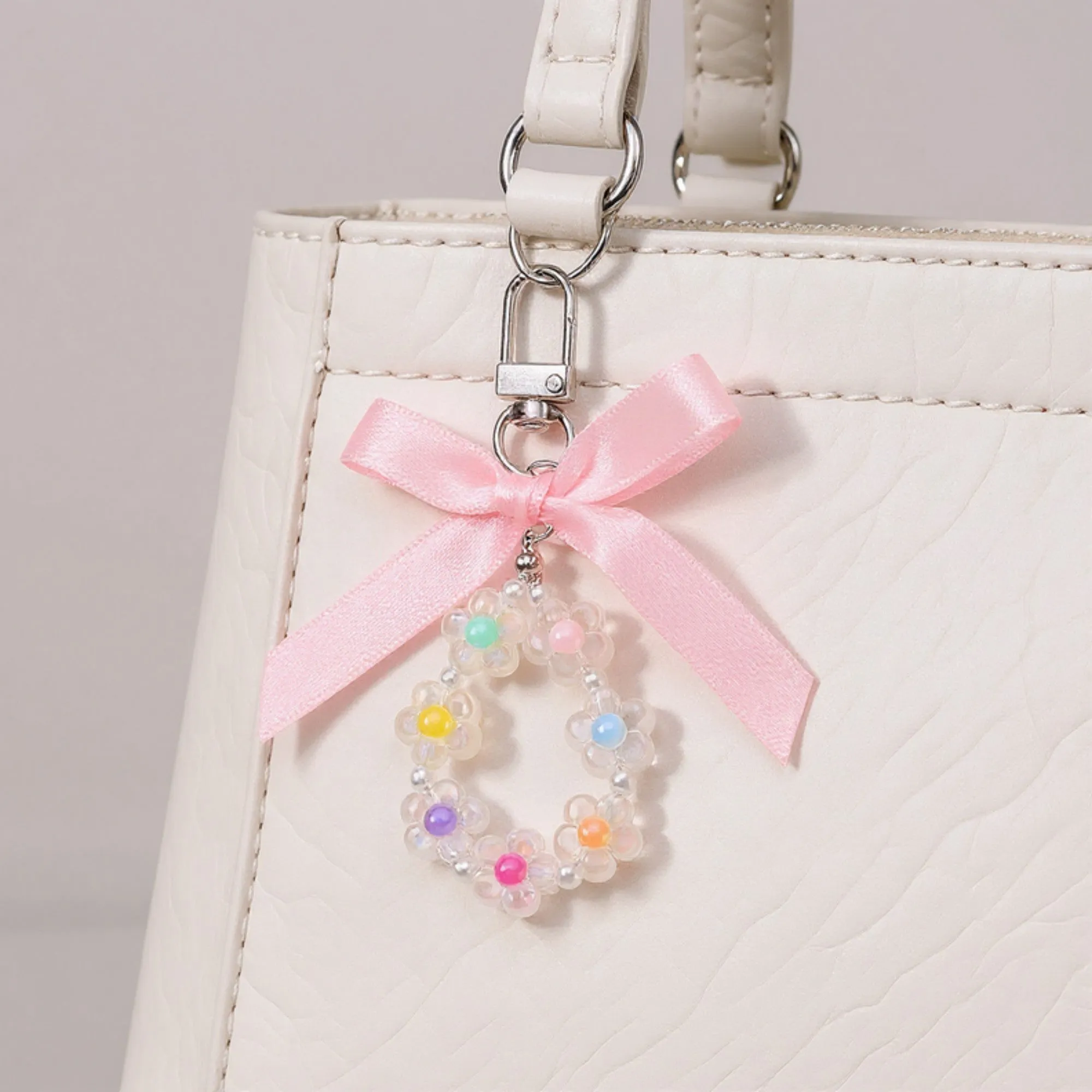 Anna-Kaci Pastel Flower Beaded Keychain with Pink Satin Bow and Pearl Accents sold by Anna-Kaci product image thumbnail 4
