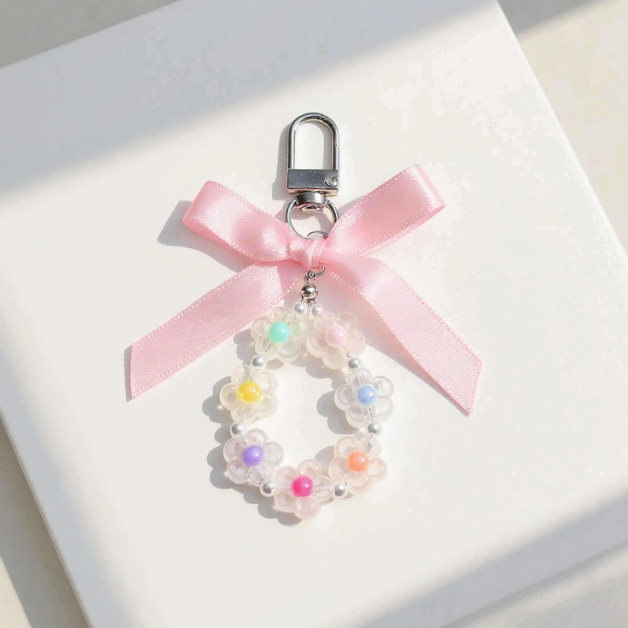 Anna-Kaci Pastel Flower Beaded Keychain with Pink Satin Bow and Pearl Accents sold by Anna-Kaci product image thumbnail 2
