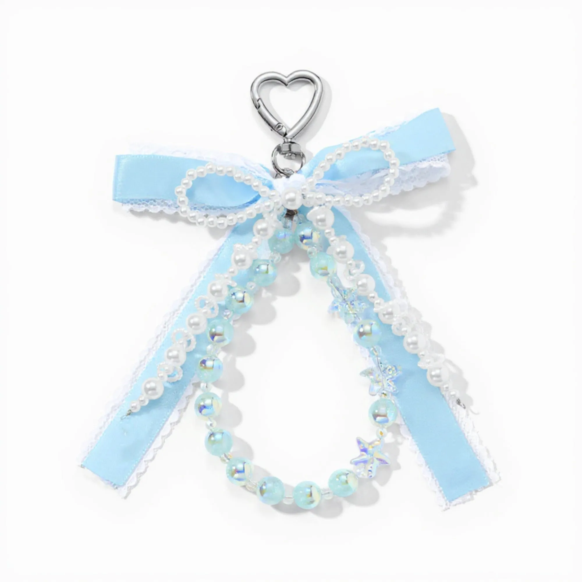 Anna-Kaci Blue Ribbon Keychain with Pearl Bow and Iridescent Beaded Star Charms sold by Anna-Kaci