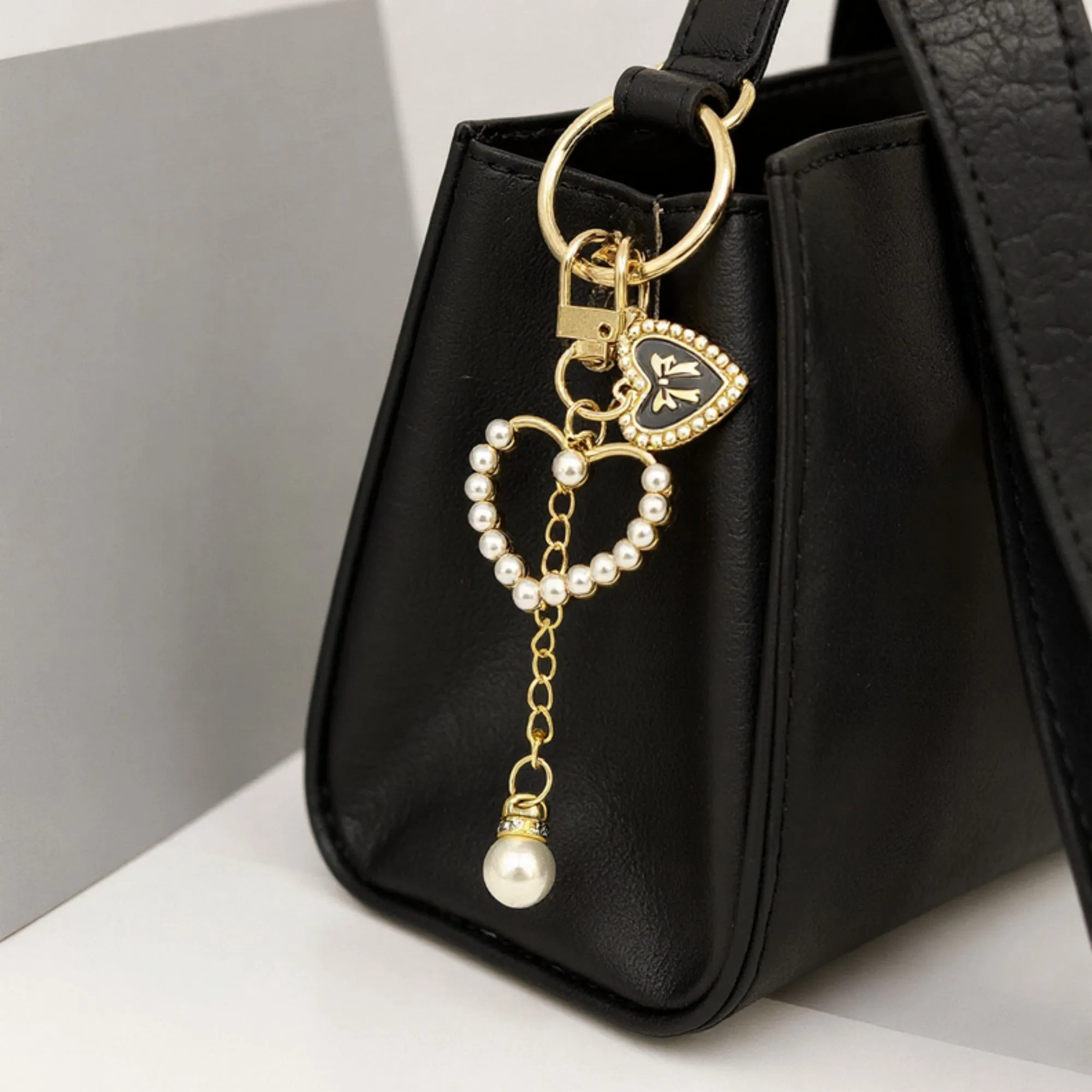 Anna-Kaci 3-Piece Pearl Heart Charm Keychain with Gold Chain and Enamel Accent sold by Anna-Kaci product image thumbnail 2