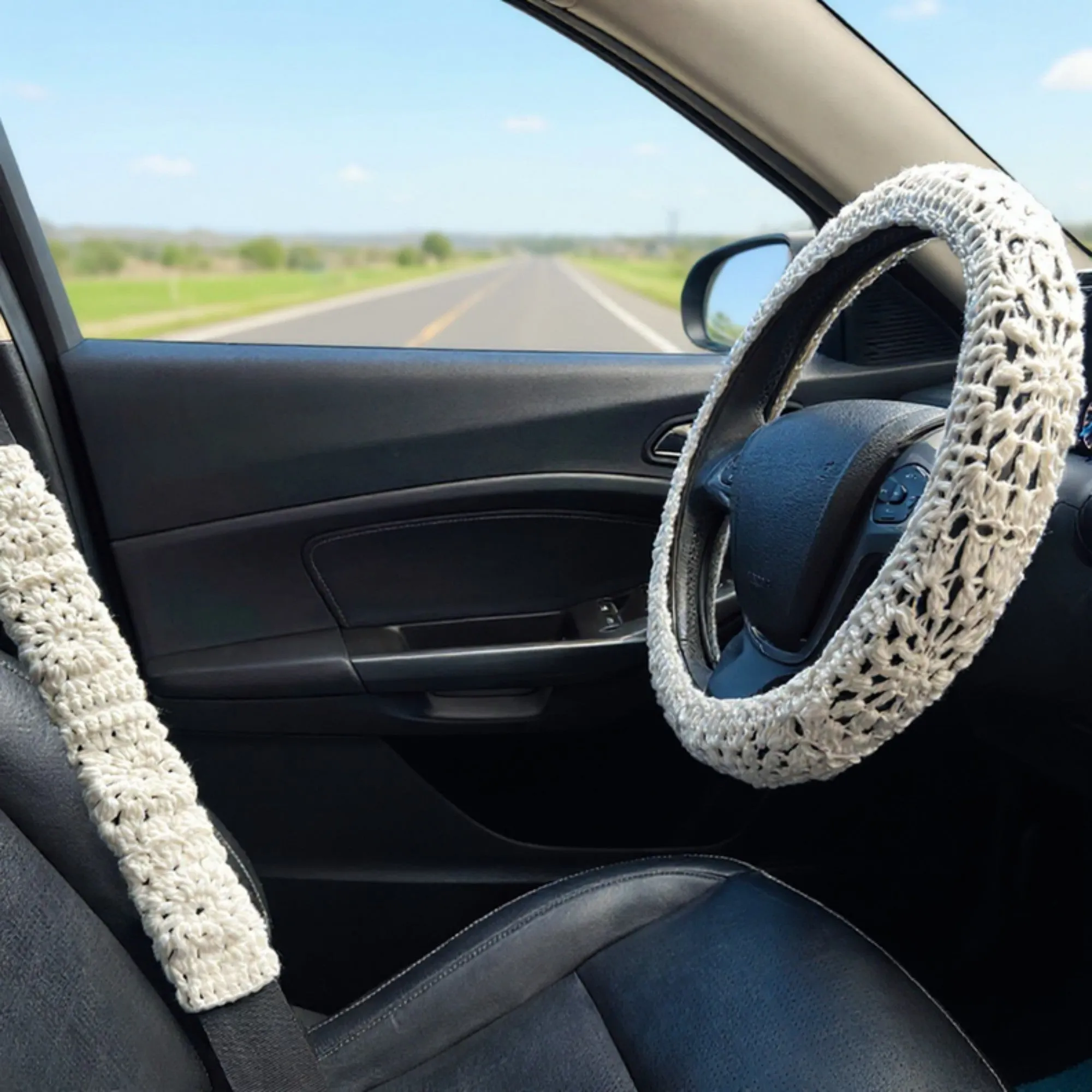 Anna-Kaci Handcrafted Crochet Steering Wheel Cover and Seat Belt Pad Set sold by Anna-Kaci product image thumbnail 2