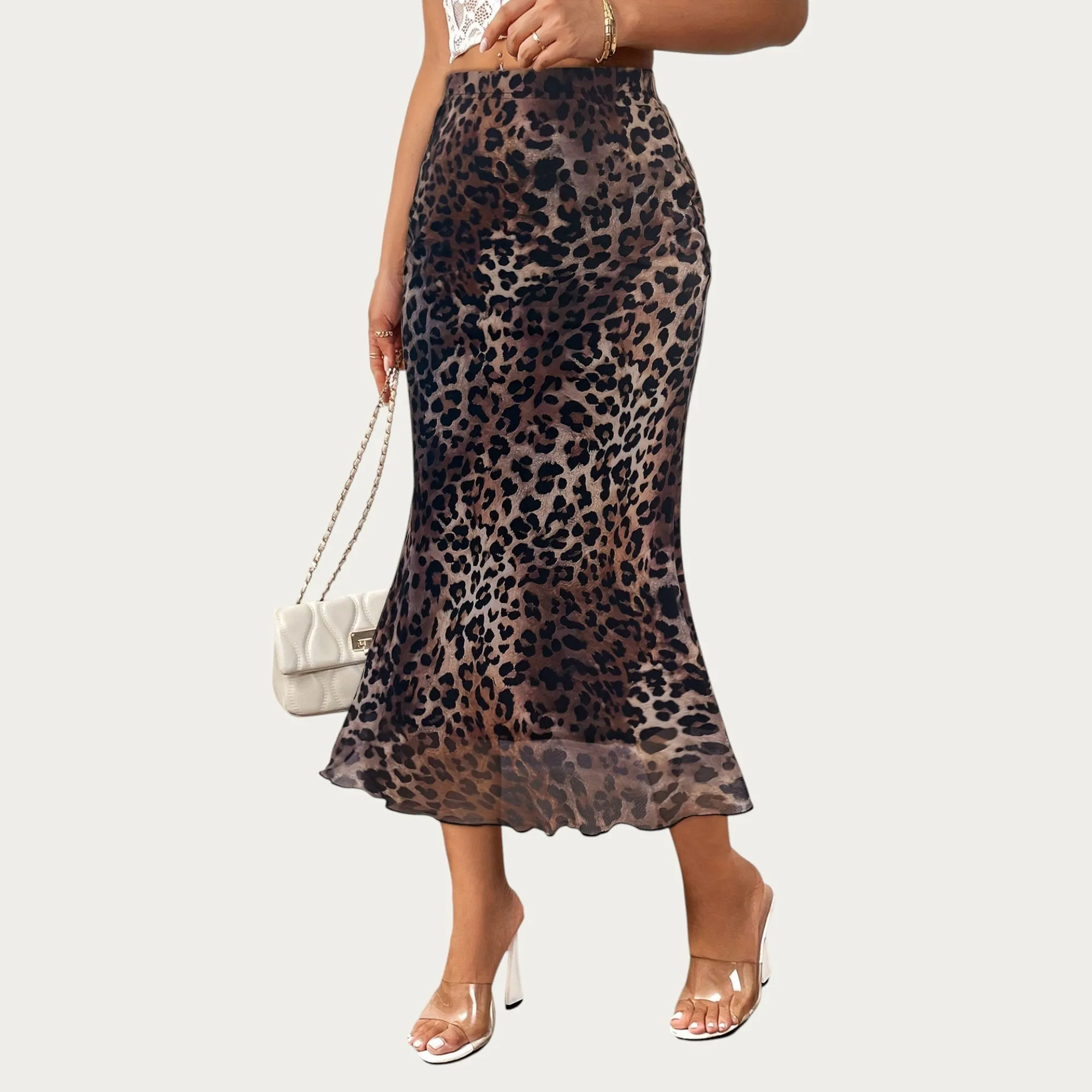 Anna-Kaci Women's Leopard Print Mid-Length A-Line Skirt with Satin-Like Texture and a Soft Flowing Draped Silhouette sold by Anna-Kaci product image thumbnail 3