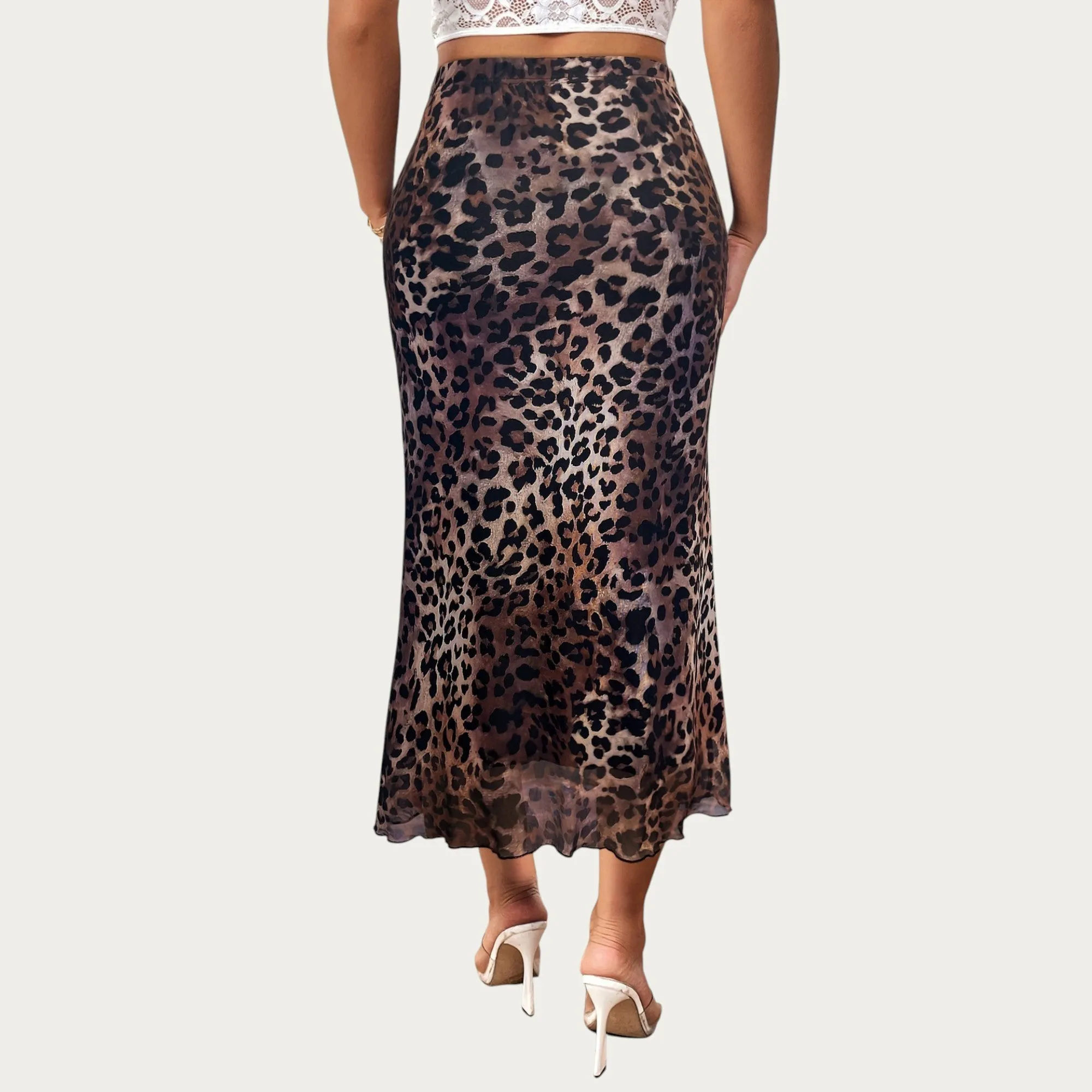 Anna-Kaci Women's Leopard Print Mid-Length A-Line Skirt with Satin-Like Texture and a Soft Flowing Draped Silhouette sold by Anna-Kaci product image thumbnail 4