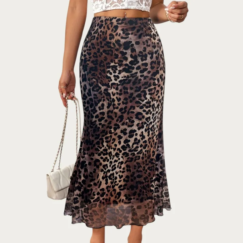 Anna-Kaci Women's Leopard Print Mid-Length A-Line Skirt with Satin-Like Texture and a Soft Flowing Draped Silhouette sold by Anna-Kaci