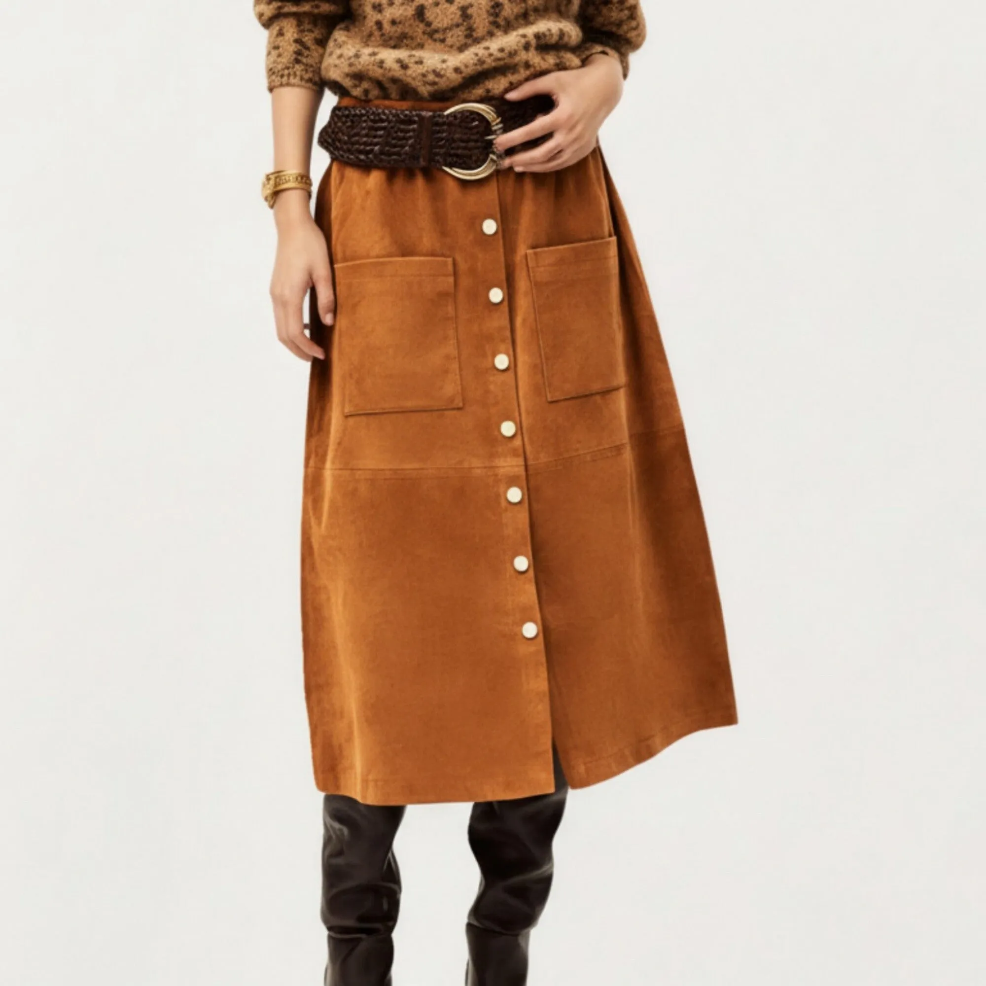 Anna-Kaci Women¡¯s Button Front Midi Skirt with Soft Corduroy Texture, Structured Patch Pockets and Flattering A-Line Shape for Easy Movement sold by Anna-Kaci