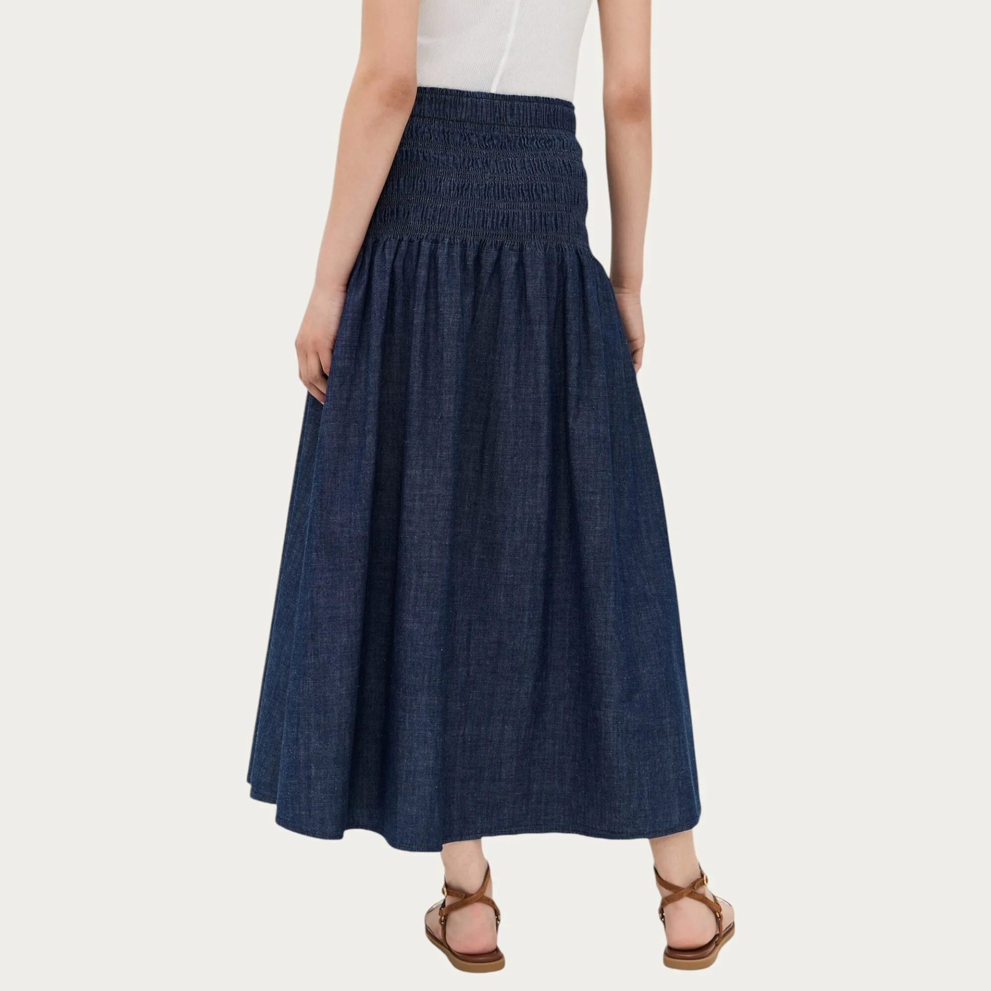 Anna-Kaci Women¡¯s Denim Maxi Skirt with Smocked Waist Detail and Soft Structured A-Line Shape for Comfortable Movement and Flattering Drape sold by Anna-Kaci product image thumbnail 4