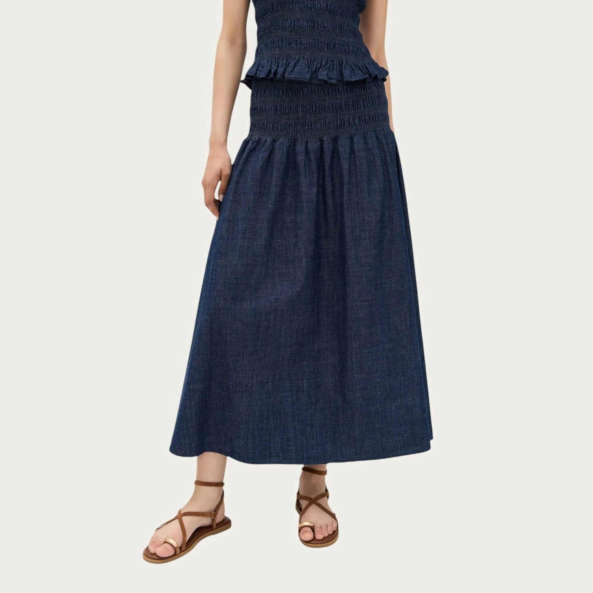 Anna-Kaci Women¡¯s Denim Maxi Skirt with Smocked Waist Detail and Soft Structured A-Line Shape for Comfortable Movement and Flattering Drape sold by Anna-Kaci