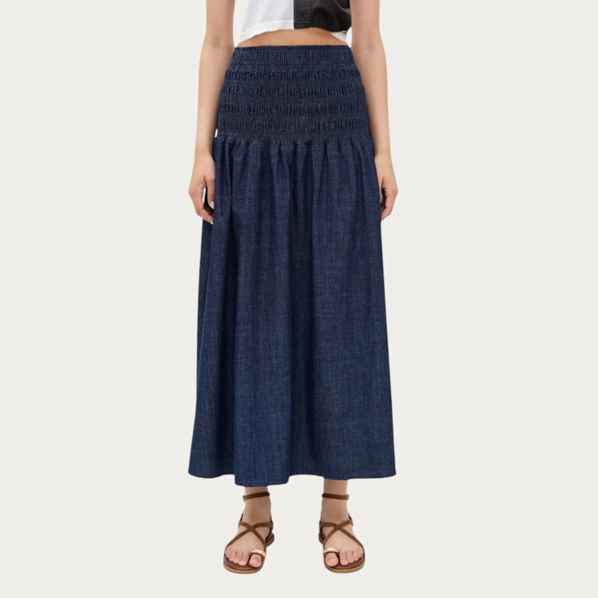 Anna-Kaci Women¡¯s Denim Maxi Skirt with Smocked Waist Detail and Soft Structured A-Line Shape for Comfortable Movement and Flattering Drape sold by Anna-Kaci product image thumbnail 2