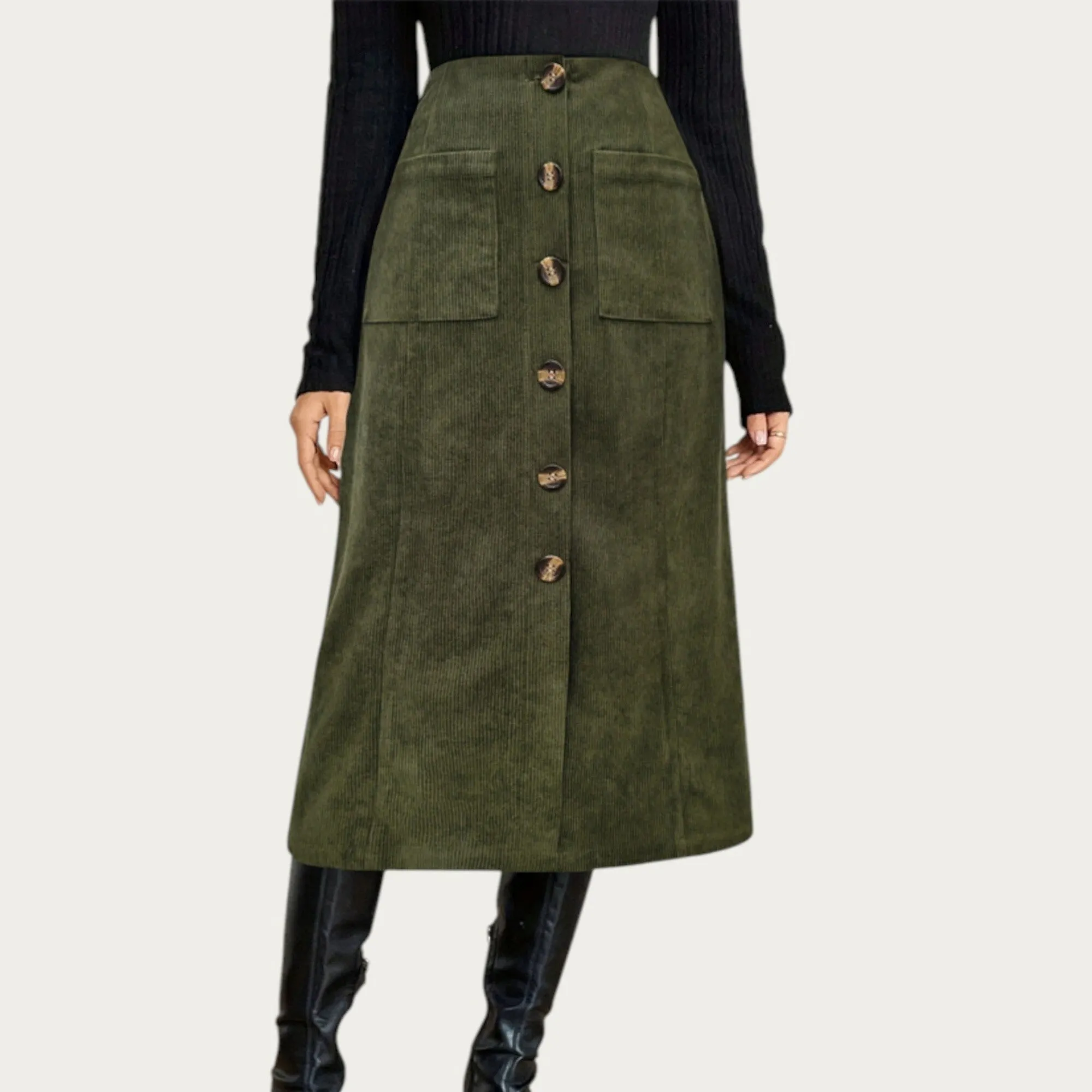 Anna-Kaci Women¡¯s Button Front Corduroy Midi Skirt with Structured Patch Pockets and Soft Textured Fabric for a Clean Tailored Look sold by Anna-Kaci
