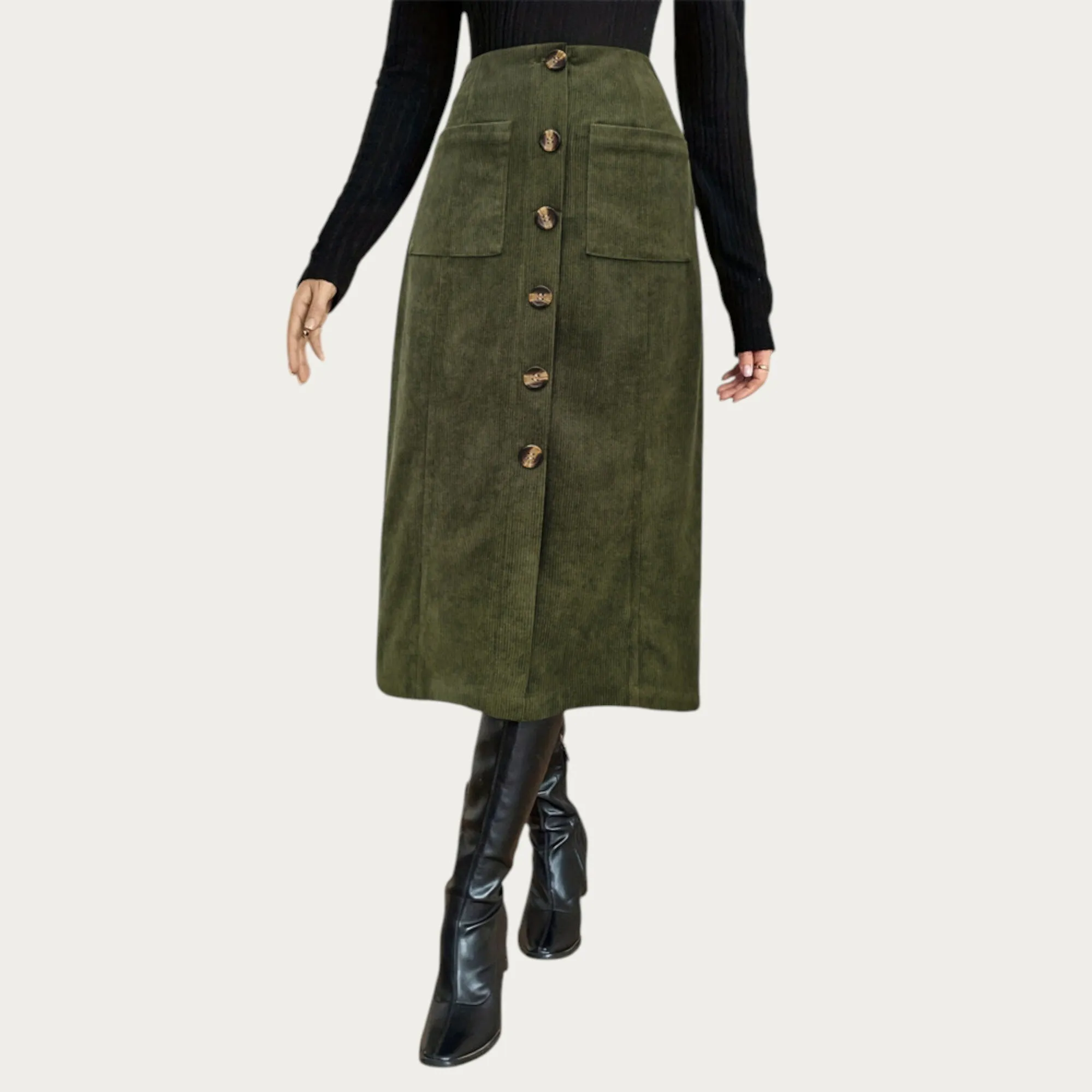 Anna-Kaci Women¡¯s Button Front Corduroy Midi Skirt with Structured Patch Pockets and Soft Textured Fabric for a Clean Tailored Look sold by Anna-Kaci product image thumbnail 2