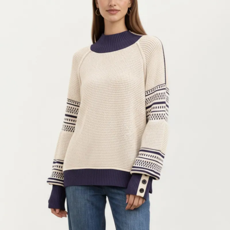 Anna-Kaci Women¡¯s Patterned Knit Pullover Top with Textured Waffle Stitch Body, Contrast Ribbed Mock Neck, and Decorative Sleeve Detailing sold by Anna-Kaci