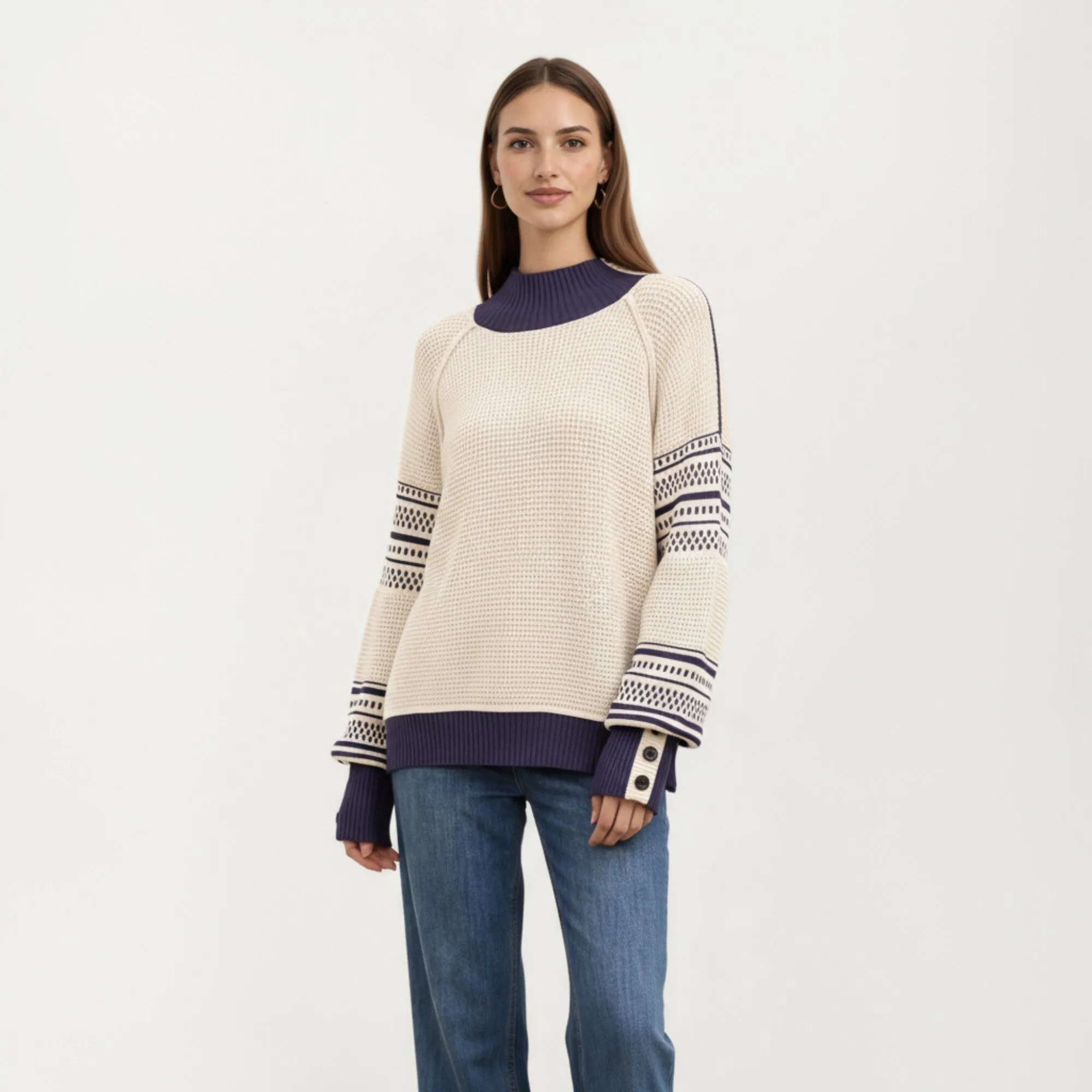 Anna-Kaci Women¡¯s Patterned Knit Pullover Top with Textured Waffle Stitch Body, Contrast Ribbed Mock Neck, and Decorative Sleeve Detailing sold by Anna-Kaci product image thumbnail 2